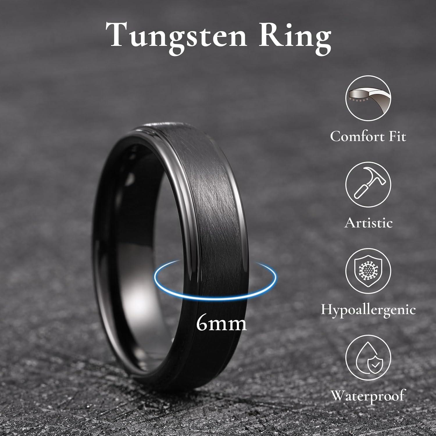 imageKing Will Classic 8mm Tungsten Carbide Ring BlackSilverGold Brushed Two Grooved Center Hammered Design Mens Wedding Band for MenABlack 6mm
