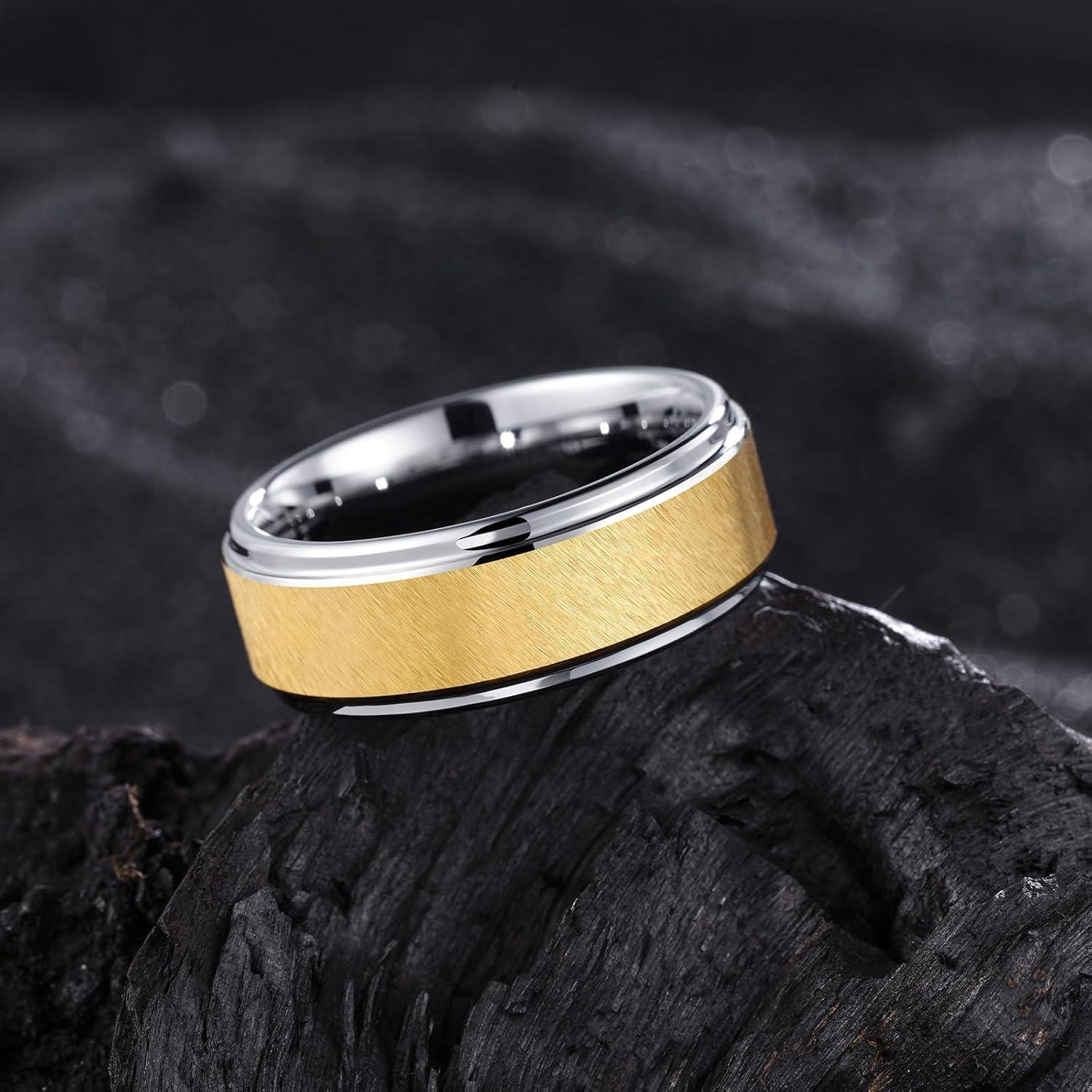 imageKing Will Classic 8mm Tungsten Carbide Ring BlackSilverGold Brushed Two Grooved Center Hammered Design Mens Wedding Band for MenAGoldSilver