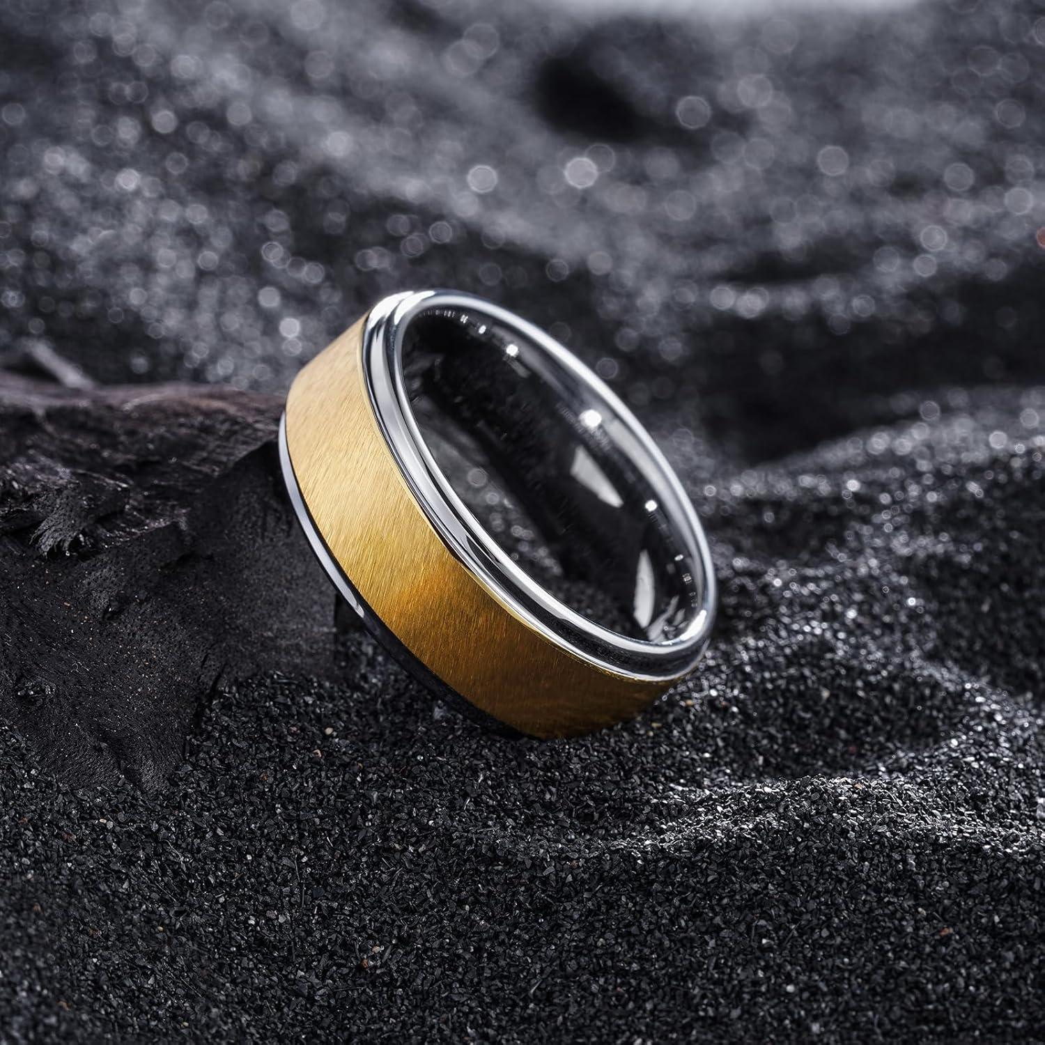 imageKing Will Classic 8mm Tungsten Carbide Ring BlackSilverGold Brushed Two Grooved Center Hammered Design Mens Wedding Band for MenAGoldSilver