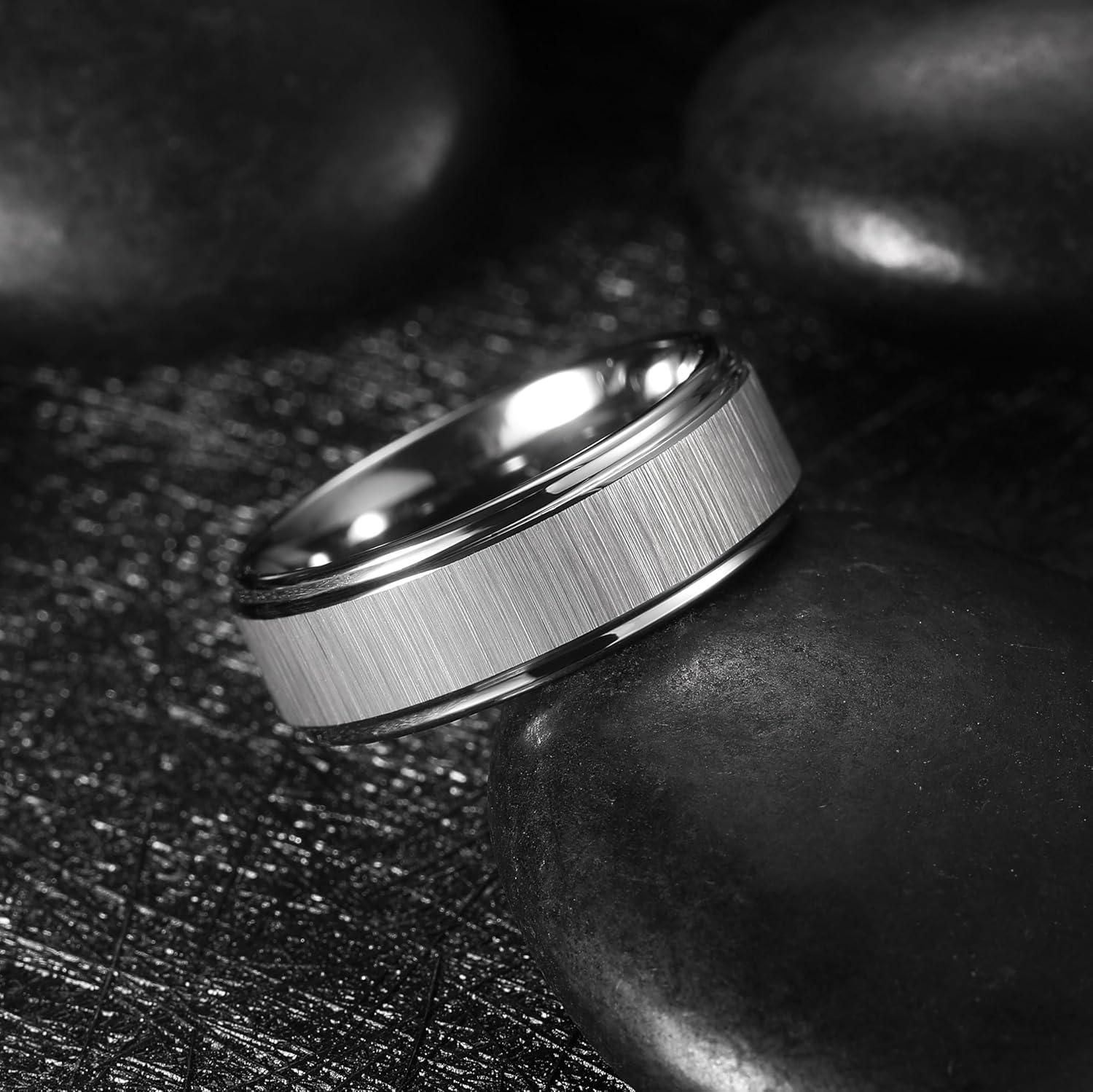 imageKing Will Classic 8mm Tungsten Carbide Ring BlackSilverGold Brushed Two Grooved Center Hammered Design Mens Wedding Band for MenASilver