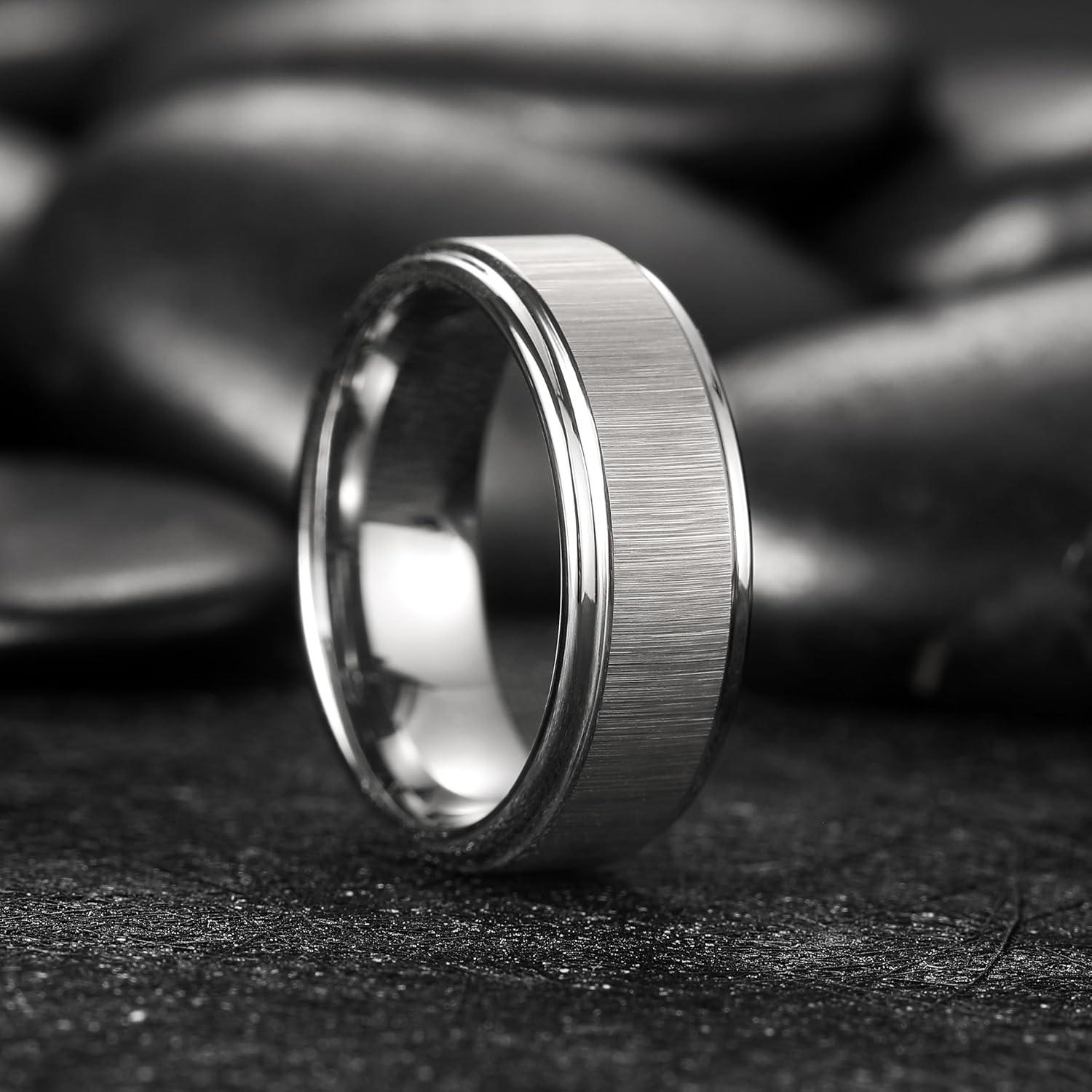 imageKing Will Classic 8mm Tungsten Carbide Ring BlackSilverGold Brushed Two Grooved Center Hammered Design Mens Wedding Band for MenASilver