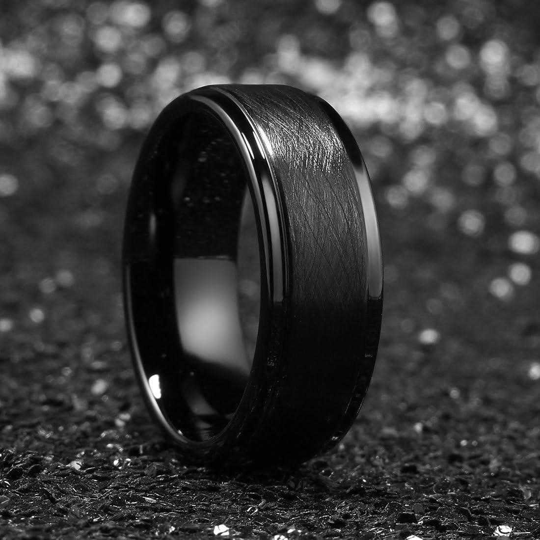 imageKing Will Classic 8mm Tungsten Carbide Ring BlackSilverGold Brushed Two Grooved Center Hammered Design Mens Wedding Band for MenBlack