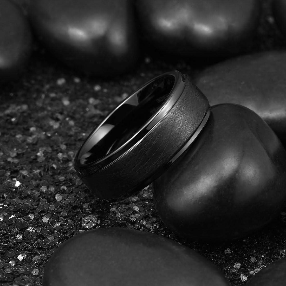 imageKing Will Classic 8mm Tungsten Carbide Ring BlackSilverGold Brushed Two Grooved Center Hammered Design Mens Wedding Band for MenBlack