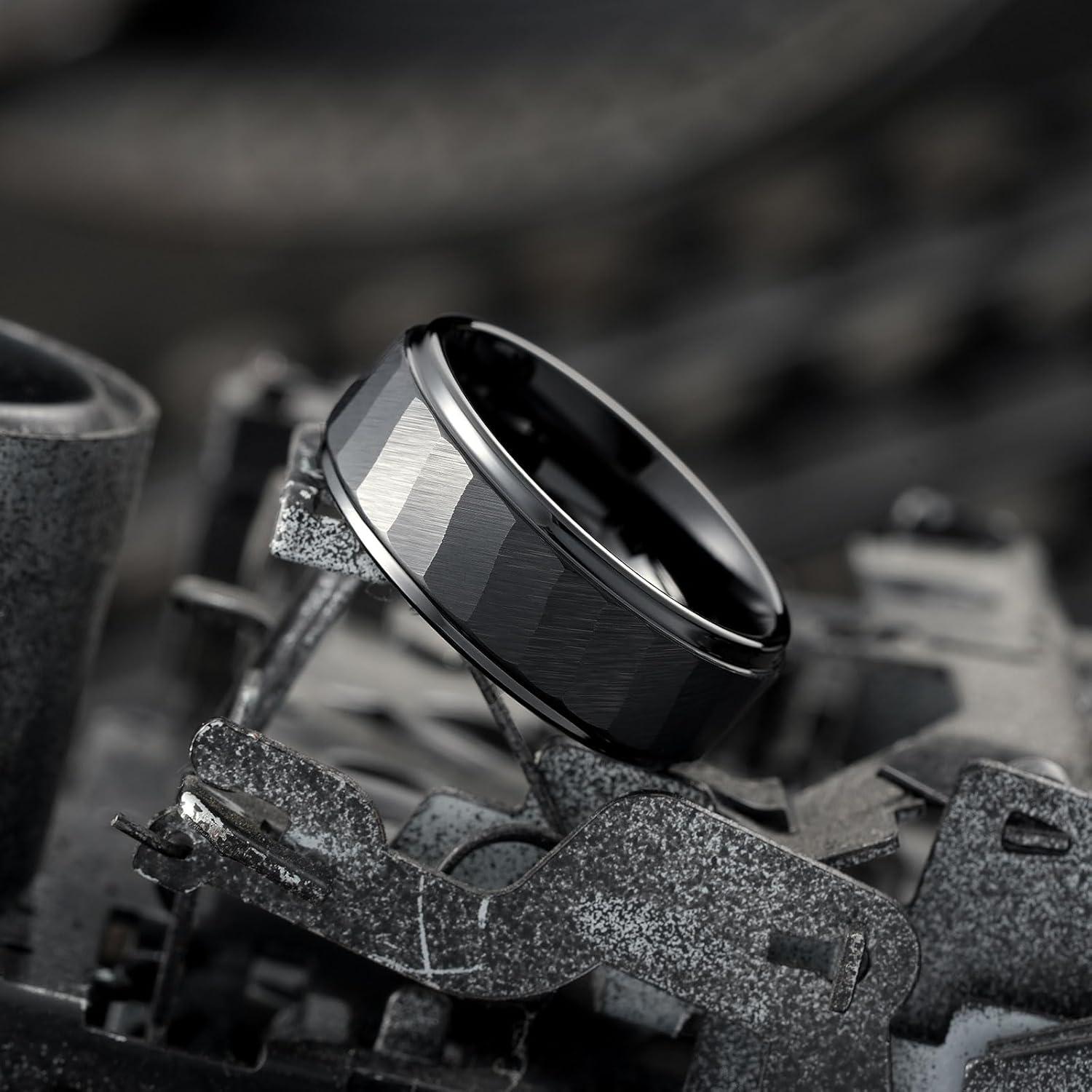 imageKing Will Classic 8mm Tungsten Carbide Ring BlackSilverGold Brushed Two Grooved Center Hammered Design Mens Wedding Band for MenCBlack