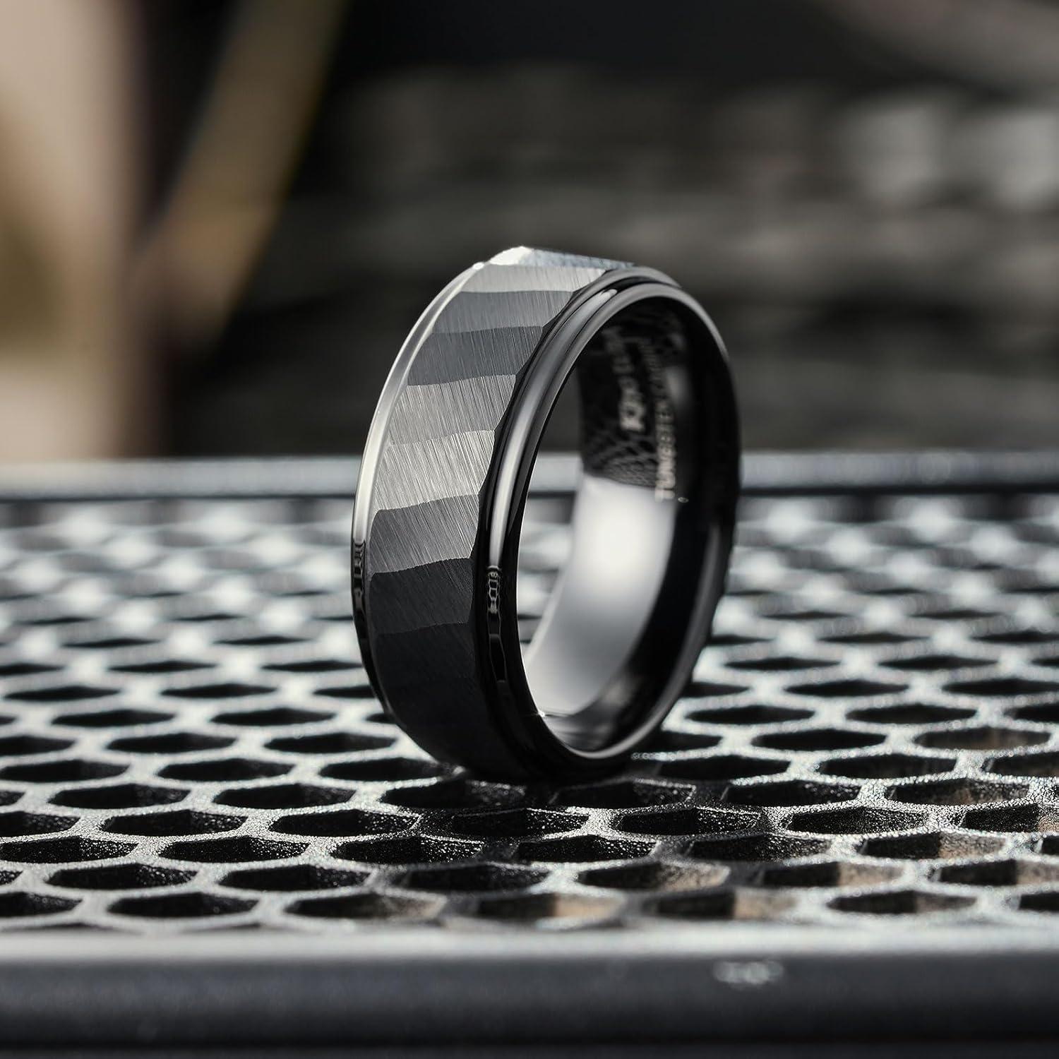 imageKing Will Classic 8mm Tungsten Carbide Ring BlackSilverGold Brushed Two Grooved Center Hammered Design Mens Wedding Band for MenCBlack
