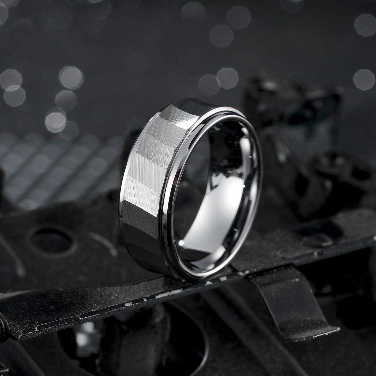 imageKing Will Classic 8mm Tungsten Carbide Ring BlackSilverGold Brushed Two Grooved Center Hammered Design Mens Wedding Band for MenCSilver