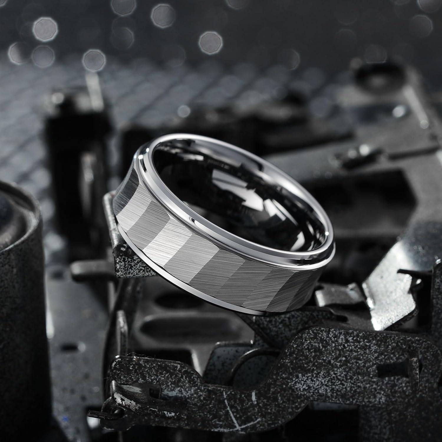 imageKing Will Classic 8mm Tungsten Carbide Ring BlackSilverGold Brushed Two Grooved Center Hammered Design Mens Wedding Band for MenCSilver