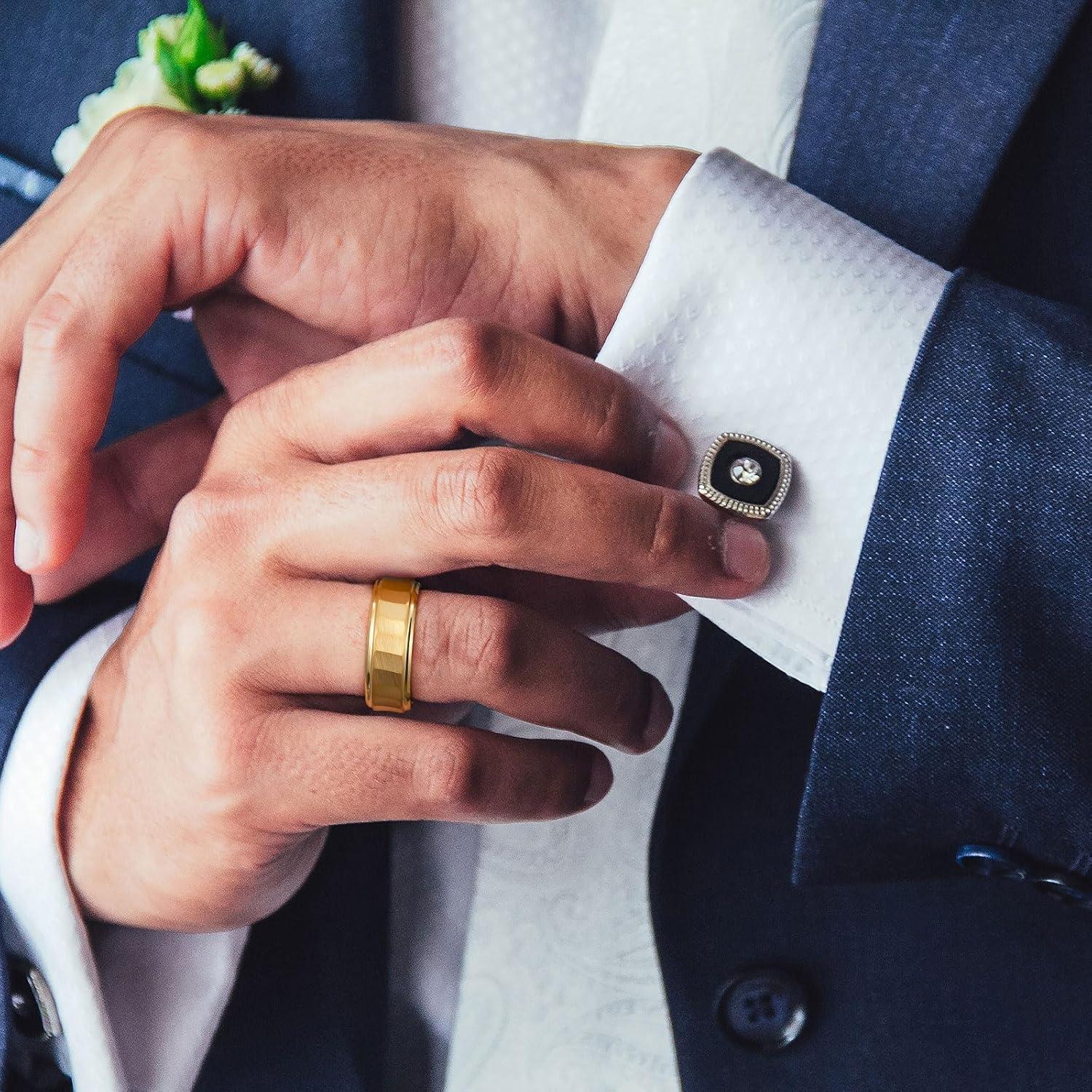 imageKing Will Classic 8mm Tungsten Carbide Ring BlackSilverGold Brushed Two Grooved Center Hammered Design Mens Wedding Band for MenCgold