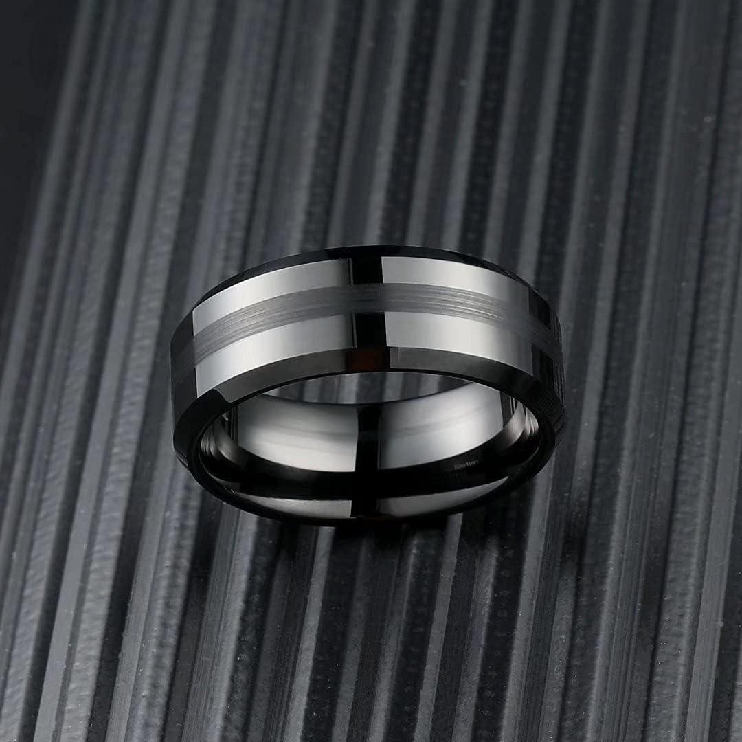 imageKing Will Classic 8mm Tungsten Carbide Ring BlackSilverGold Brushed Two Grooved Center Hammered Design Mens Wedding Band for MenDBlack