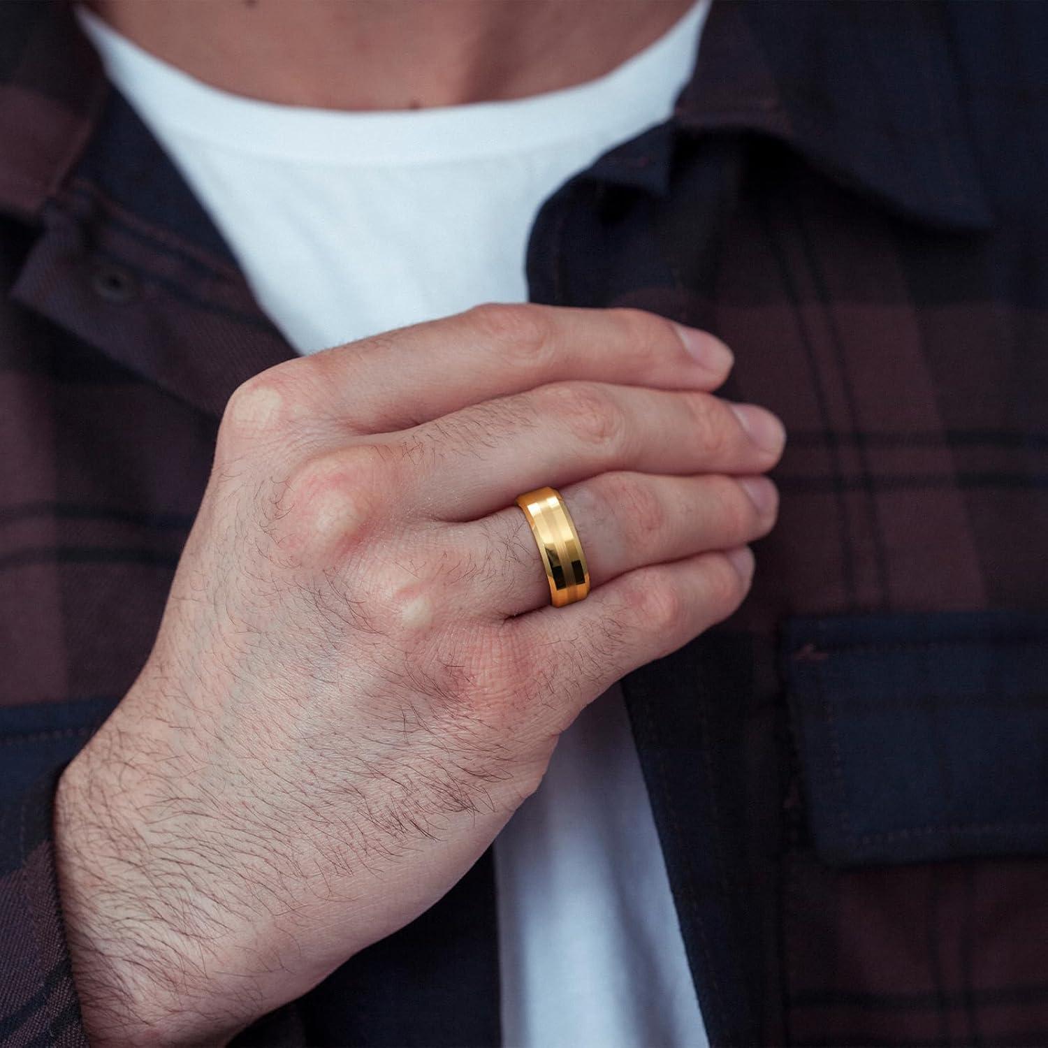 imageKing Will Classic 8mm Tungsten Carbide Ring BlackSilverGold Brushed Two Grooved Center Hammered Design Mens Wedding Band for MenDGold