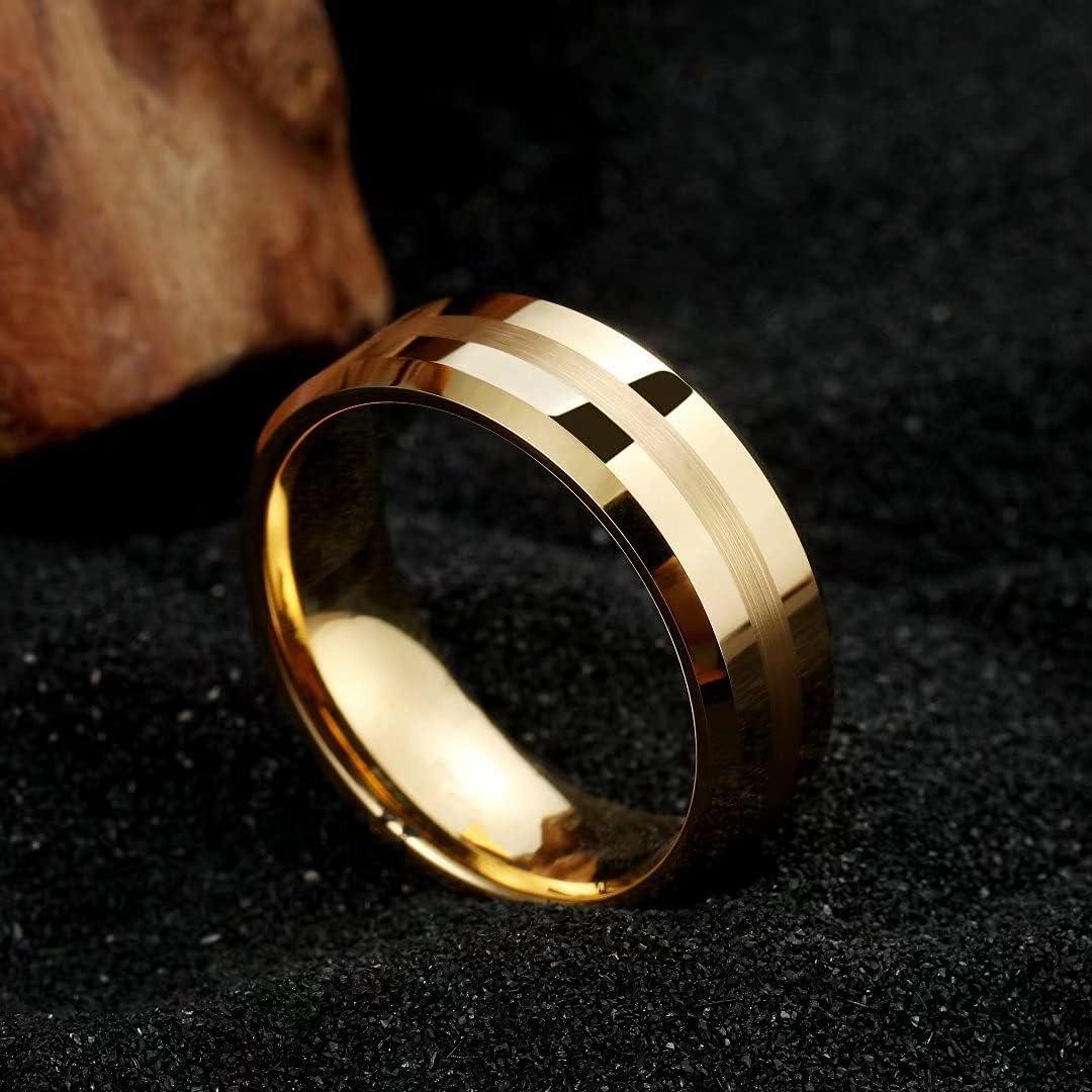 imageKing Will Classic 8mm Tungsten Carbide Ring BlackSilverGold Brushed Two Grooved Center Hammered Design Mens Wedding Band for MenDGold