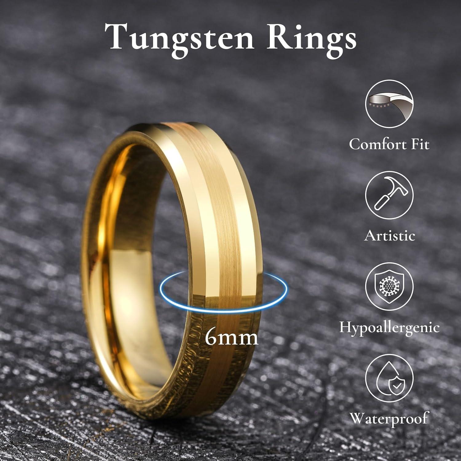 imageKing Will Classic 8mm Tungsten Carbide Ring BlackSilverGold Brushed Two Grooved Center Hammered Design Mens Wedding Band for MenDGold 6mm