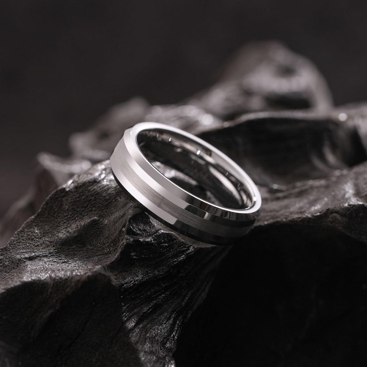 imageKing Will Classic 8mm Tungsten Carbide Ring BlackSilverGold Brushed Two Grooved Center Hammered Design Mens Wedding Band for MenDSilver 6mm