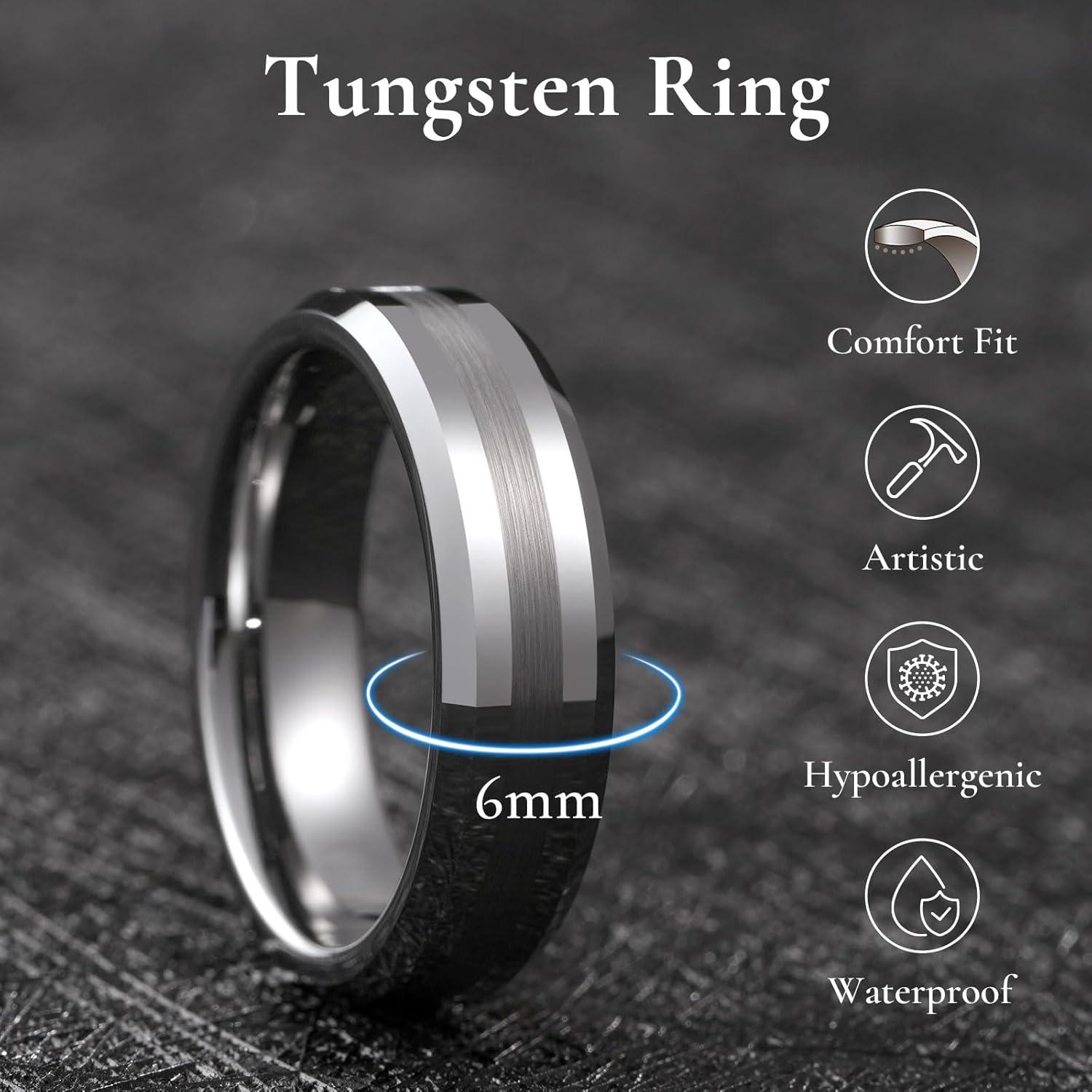 imageKing Will Classic 8mm Tungsten Carbide Ring BlackSilverGold Brushed Two Grooved Center Hammered Design Mens Wedding Band for MenDSilver 6mm