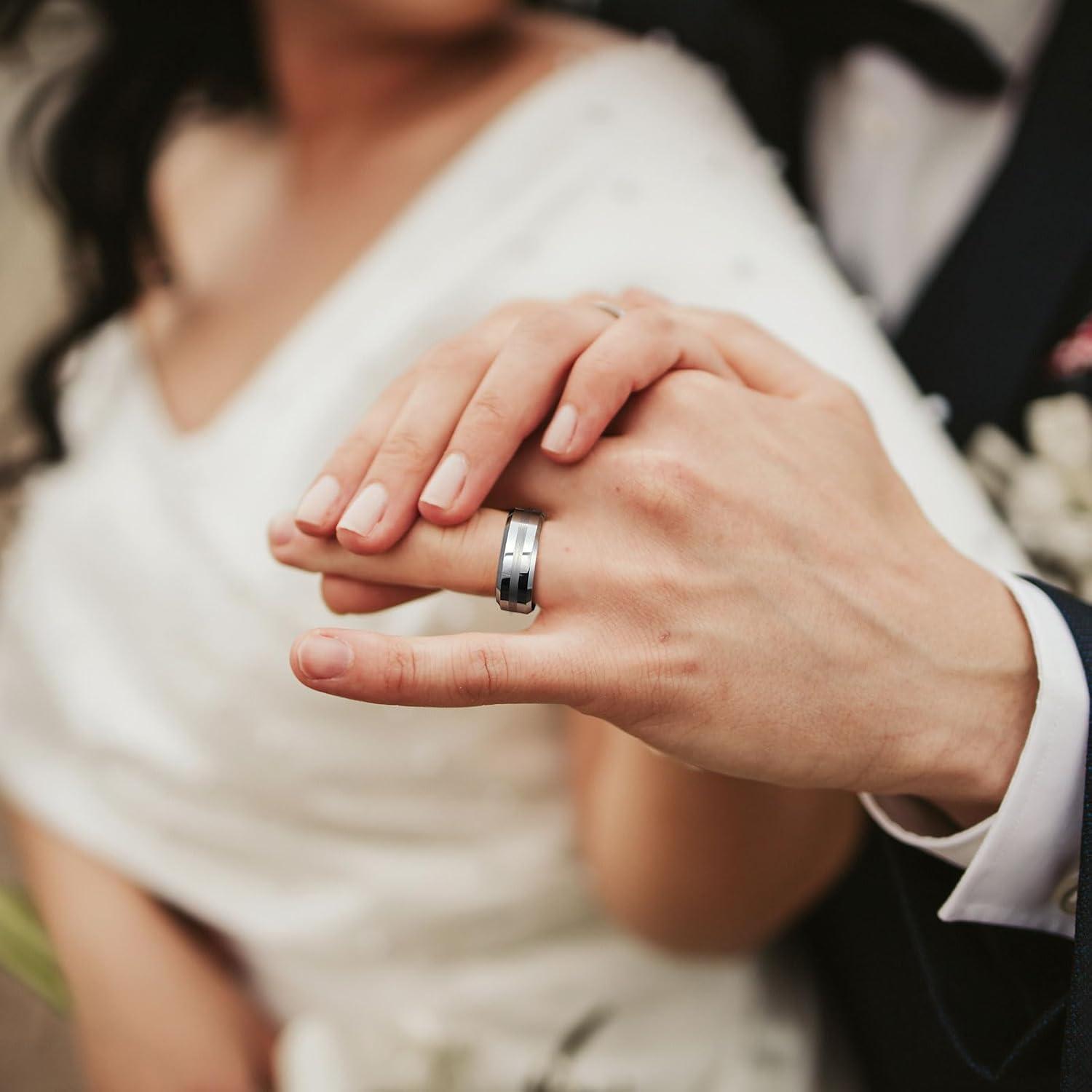 imageKing Will Classic 8mm Tungsten Carbide Ring BlackSilverGold Brushed Two Grooved Center Hammered Design Mens Wedding Band for MenDSilver