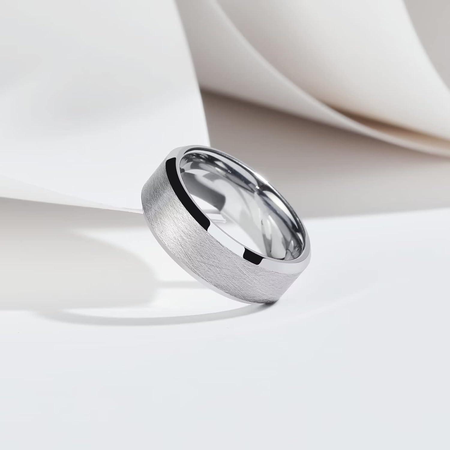 imageKing Will Classic 8mm Tungsten Carbide Ring BlackSilverGold Brushed Two Grooved Center Hammered Design Mens Wedding Band for MenEsilver