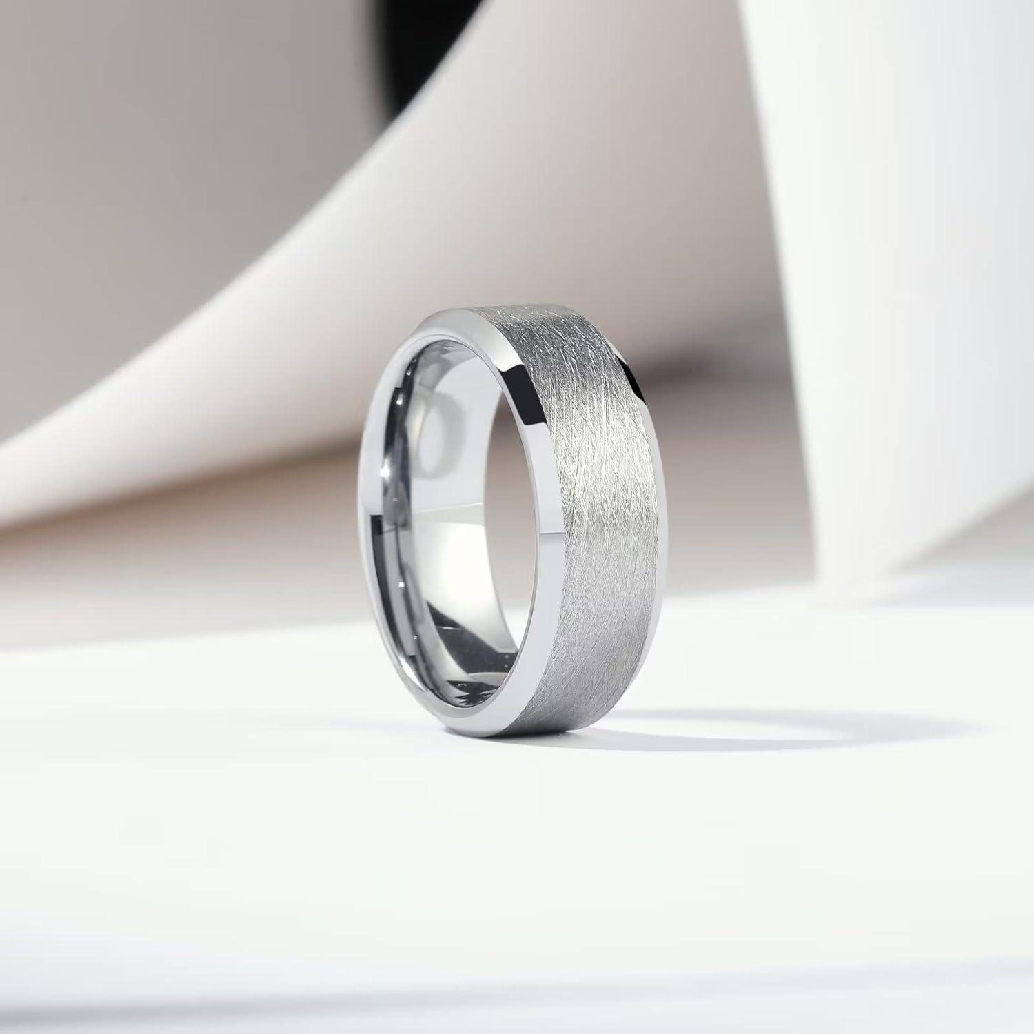 imageKing Will Classic 8mm Tungsten Carbide Ring BlackSilverGold Brushed Two Grooved Center Hammered Design Mens Wedding Band for MenEsilver