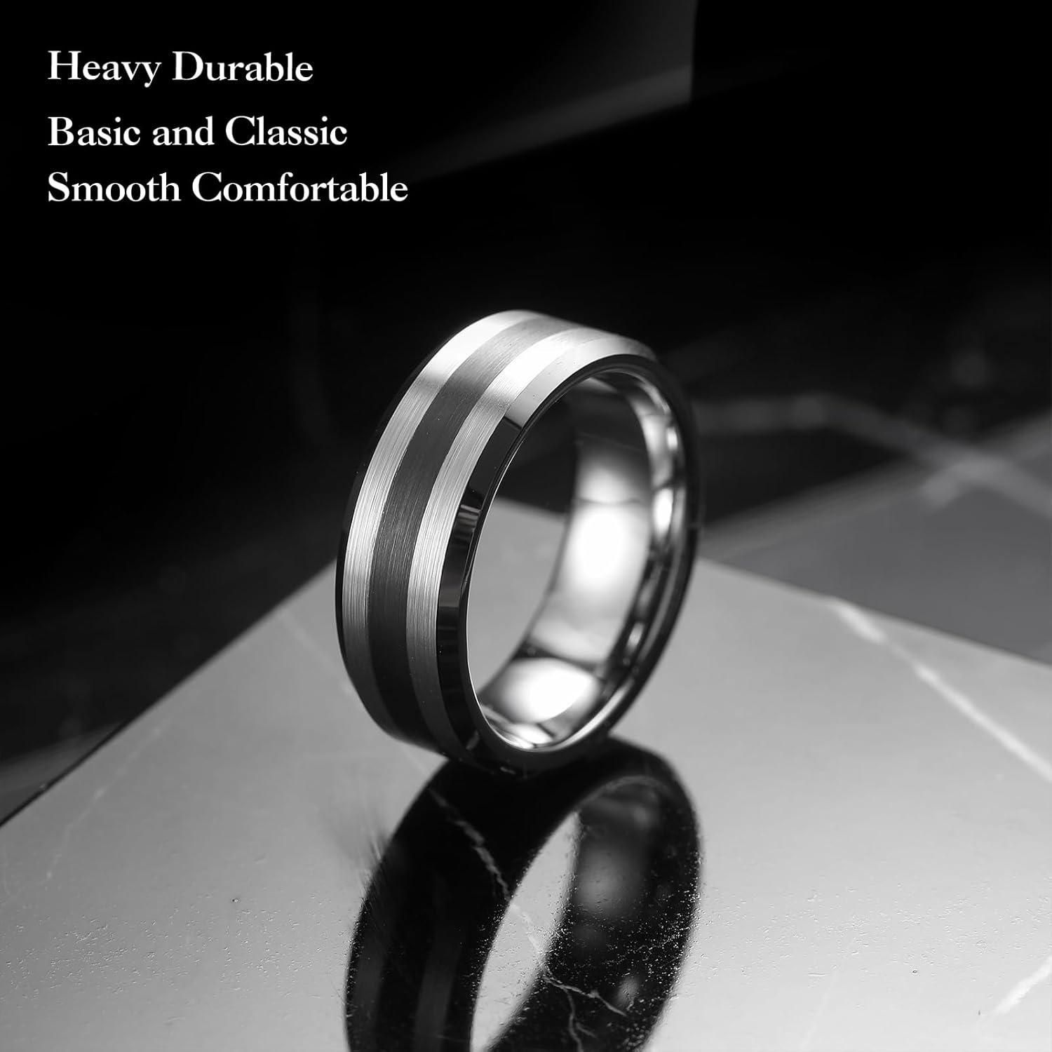 imageKing Will Classic 8mm Tungsten Carbide Ring BlackSilverGold Brushed Two Grooved Center Hammered Design Mens Wedding Band for MenFSilver Black