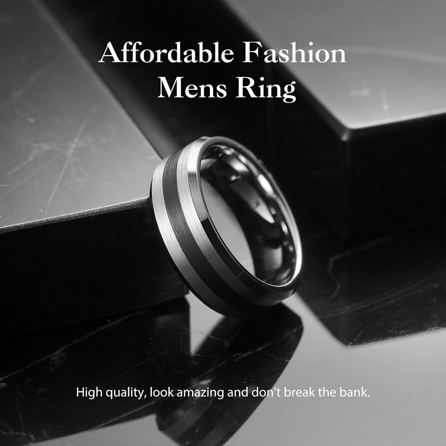imageKing Will Classic 8mm Tungsten Carbide Ring BlackSilverGold Brushed Two Grooved Center Hammered Design Mens Wedding Band for MenFSilver Black