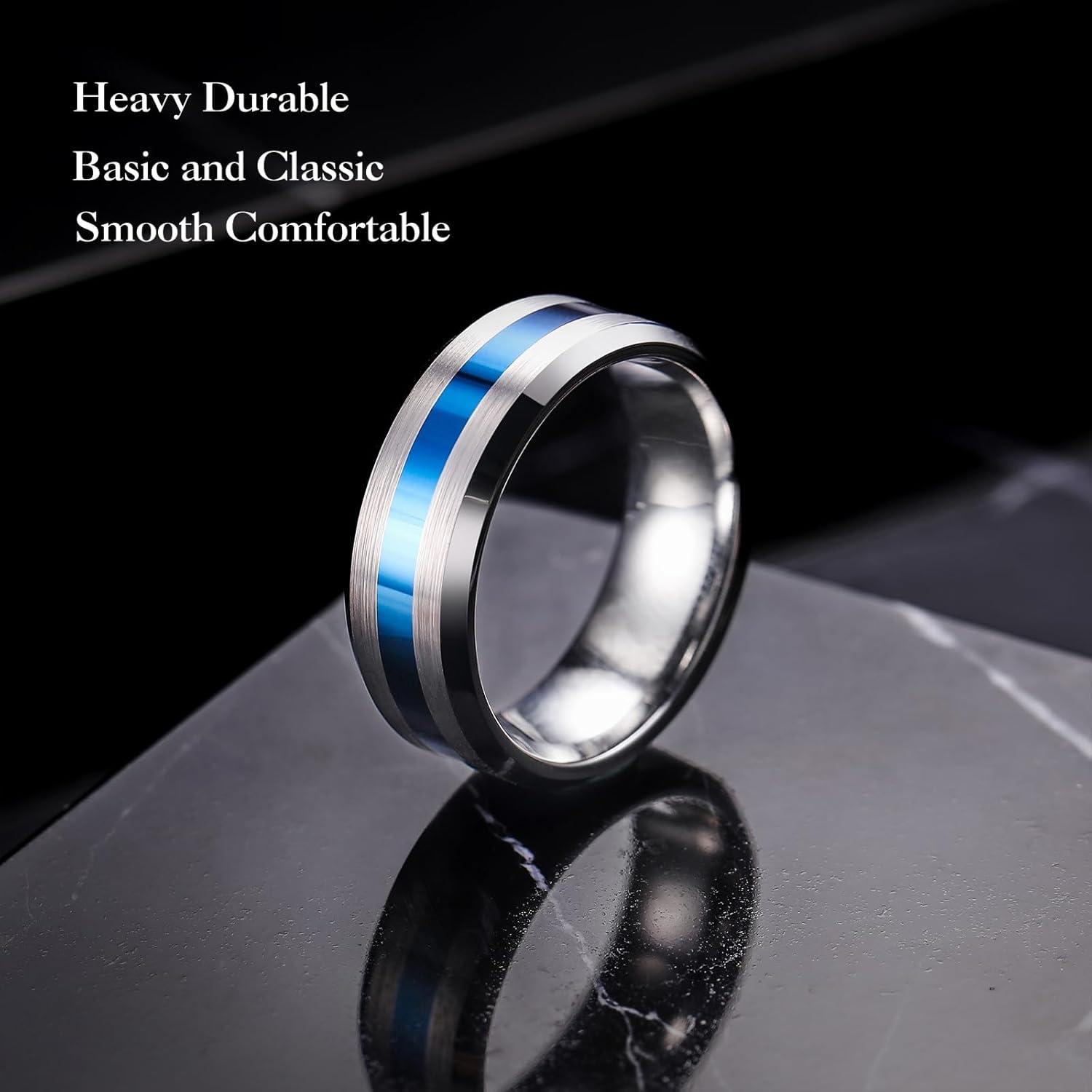 imageKing Will Classic 8mm Tungsten Carbide Ring BlackSilverGold Brushed Two Grooved Center Hammered Design Mens Wedding Band for MenFSilver Blue