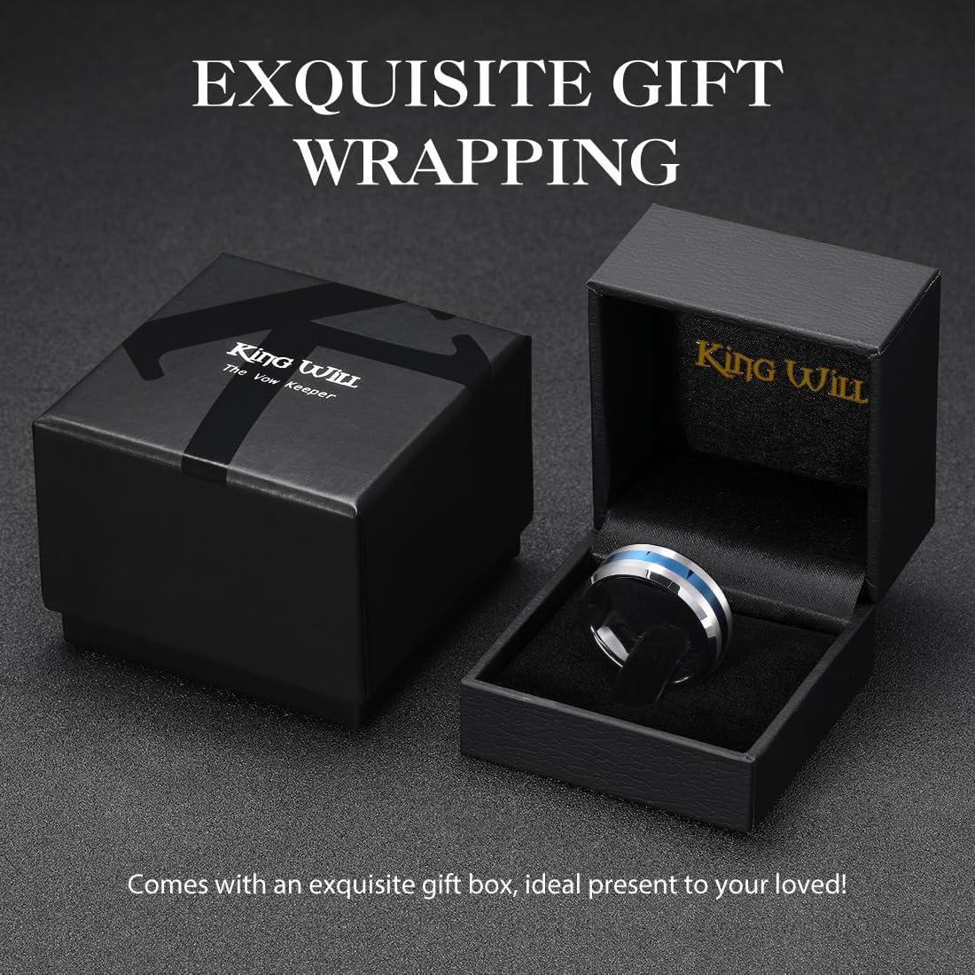 imageKing Will Classic 8mm Tungsten Carbide Ring BlackSilverGold Brushed Two Grooved Center Hammered Design Mens Wedding Band for MenFSilver Blue