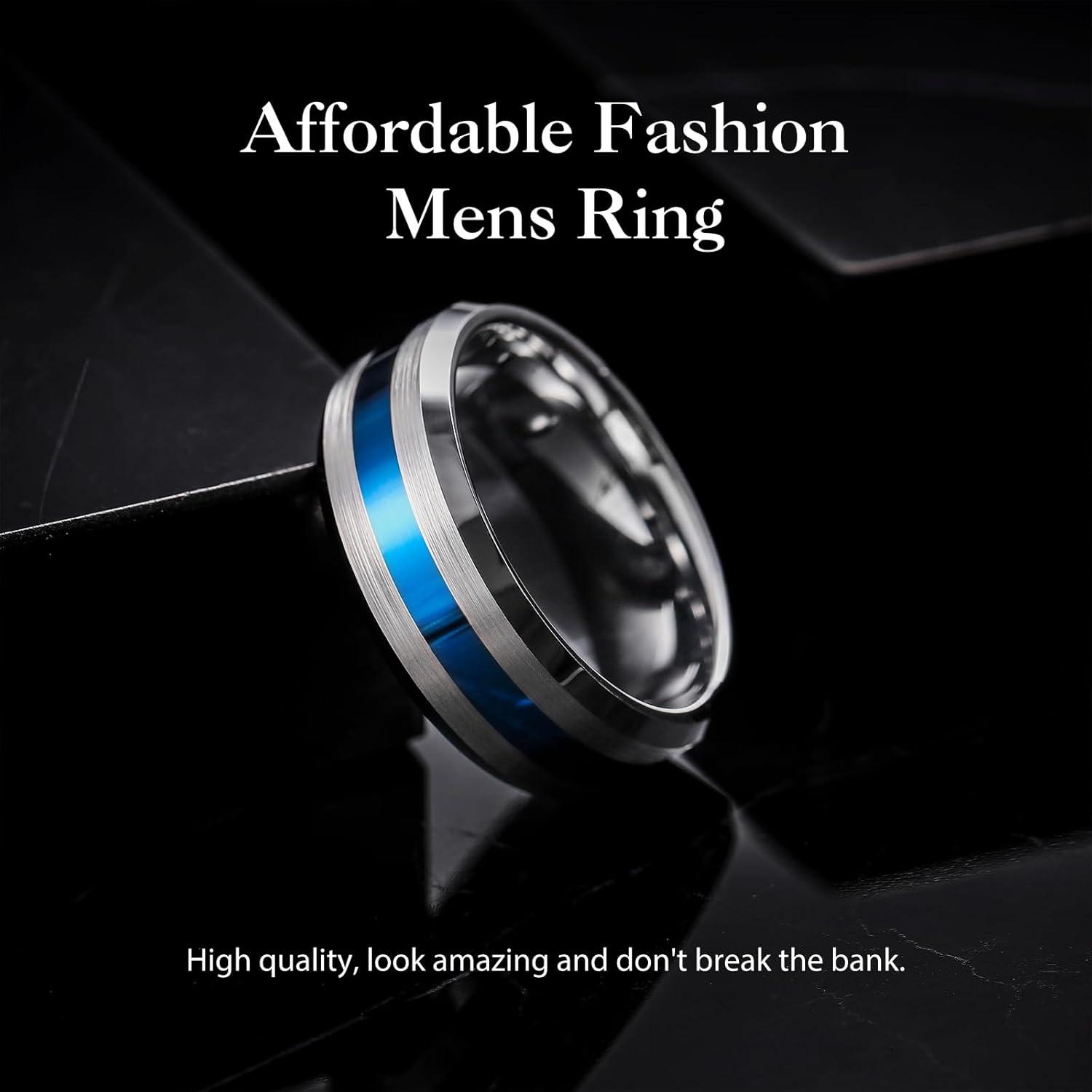 imageKing Will Classic 8mm Tungsten Carbide Ring BlackSilverGold Brushed Two Grooved Center Hammered Design Mens Wedding Band for MenFSilver Blue