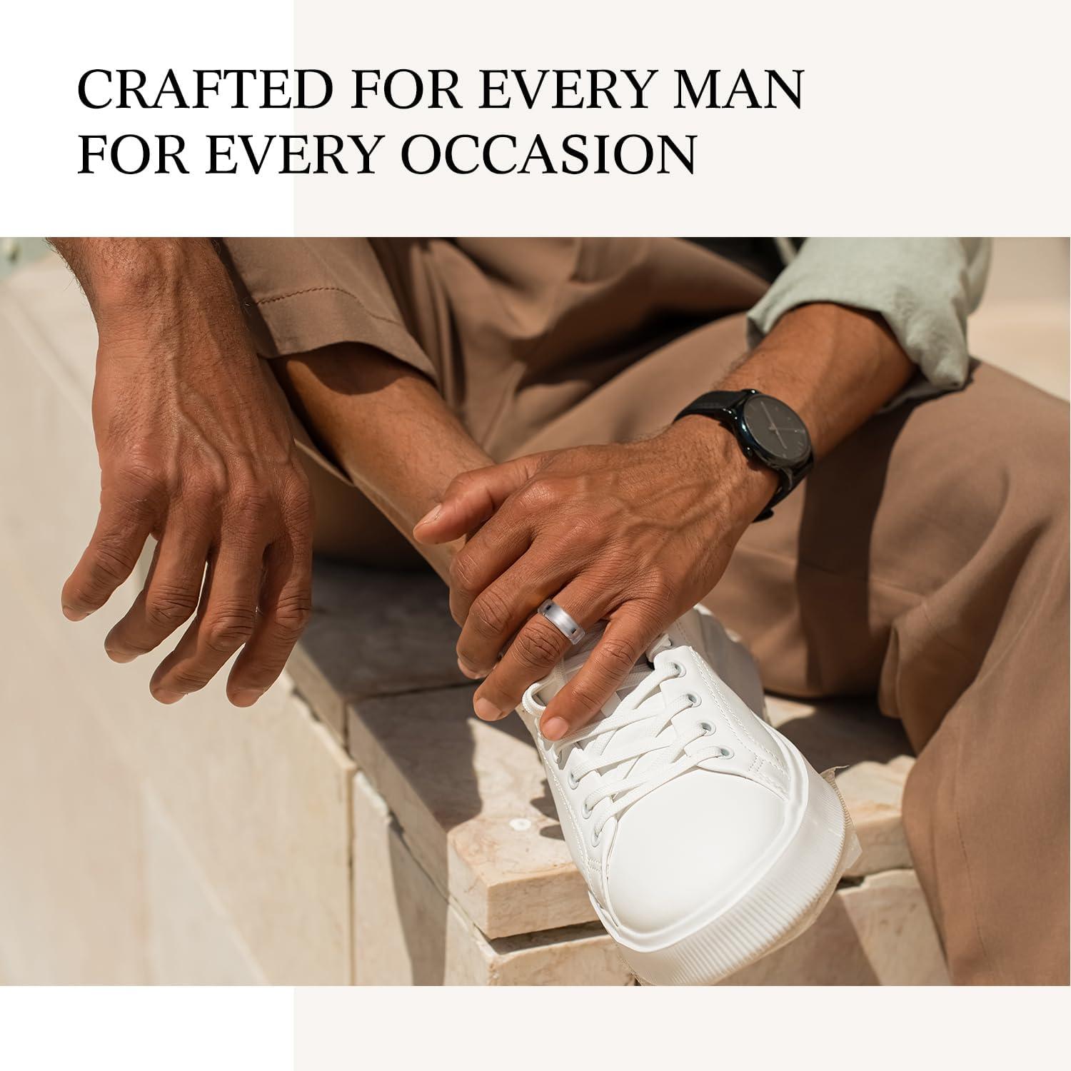 imageKing Will Classic 8mm Tungsten Carbide Ring BlackSilverGold Brushed Two Grooved Center Hammered Design Mens Wedding Band for MenFSilver