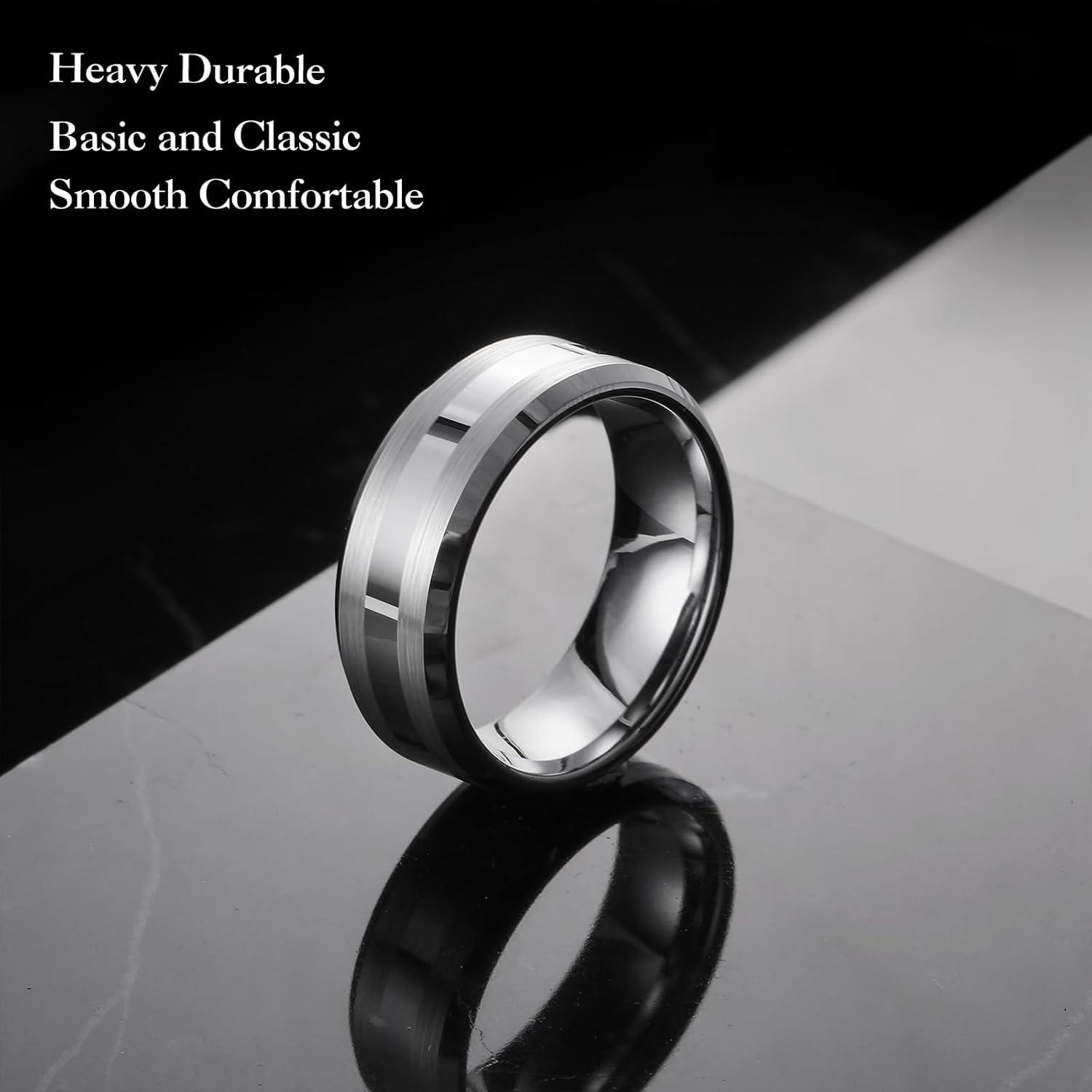 imageKing Will Classic 8mm Tungsten Carbide Ring BlackSilverGold Brushed Two Grooved Center Hammered Design Mens Wedding Band for MenFSilver
