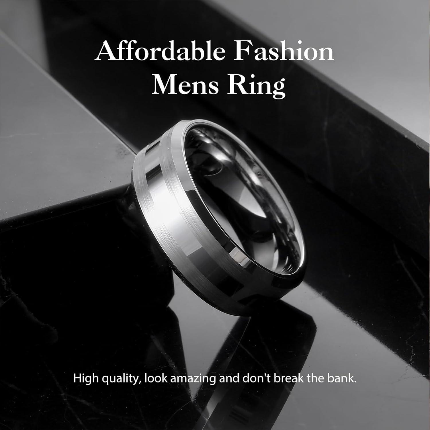 imageKing Will Classic 8mm Tungsten Carbide Ring BlackSilverGold Brushed Two Grooved Center Hammered Design Mens Wedding Band for MenFSilver
