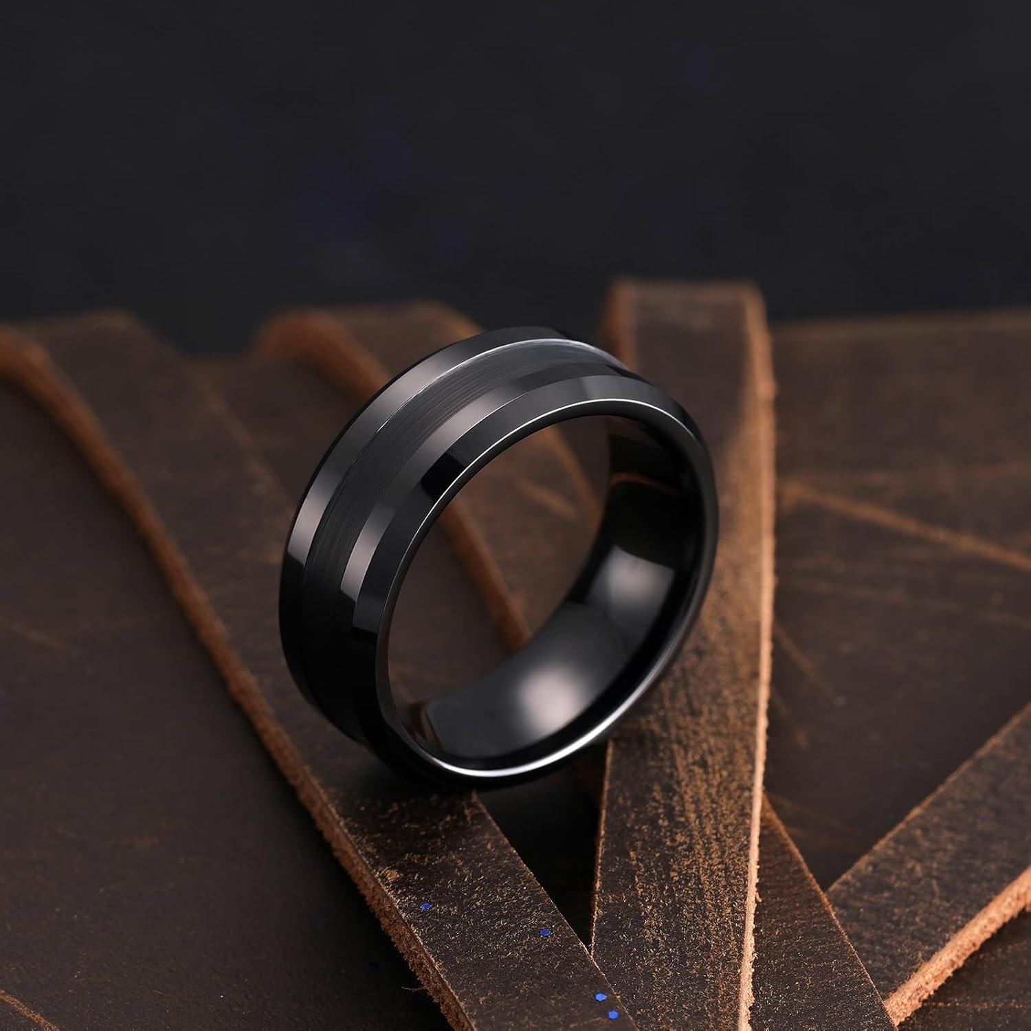 imageKing Will Classic 8mm Tungsten Carbide Ring BlackSilverGold Brushed Two Grooved Center Hammered Design Mens Wedding Band for MenGBlack Groove