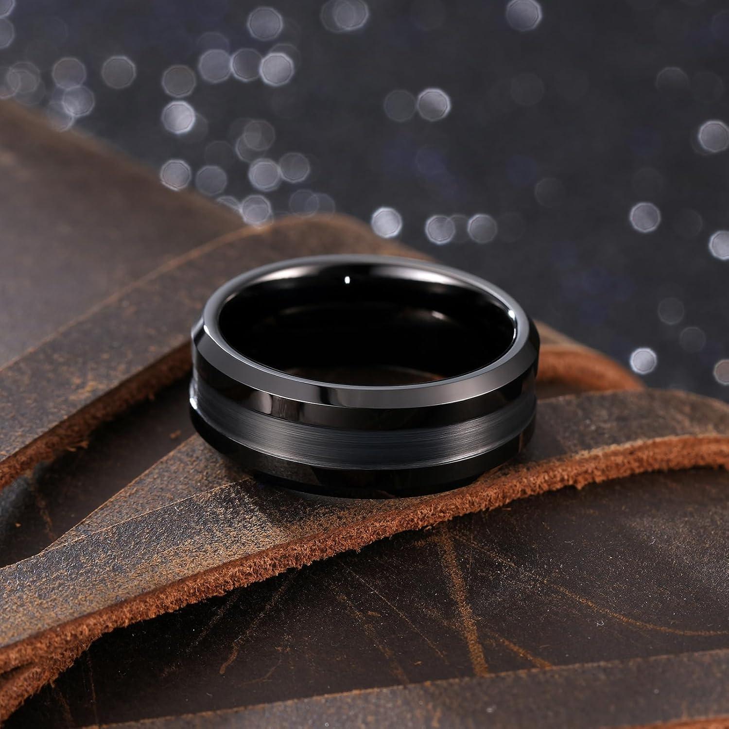 imageKing Will Classic 8mm Tungsten Carbide Ring BlackSilverGold Brushed Two Grooved Center Hammered Design Mens Wedding Band for MenGBlack Groove