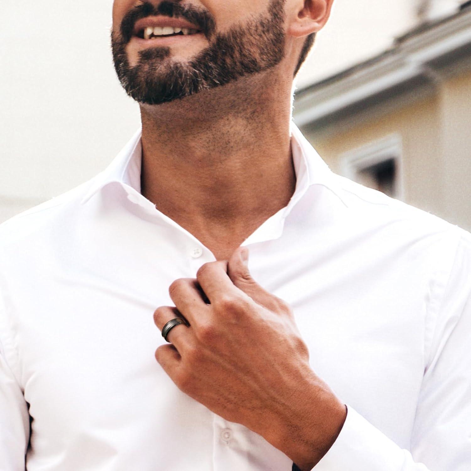 imageKing Will Classic 8mm Tungsten Carbide Ring BlackSilverGold Brushed Two Grooved Center Hammered Design Mens Wedding Band for MenGBlack Groove