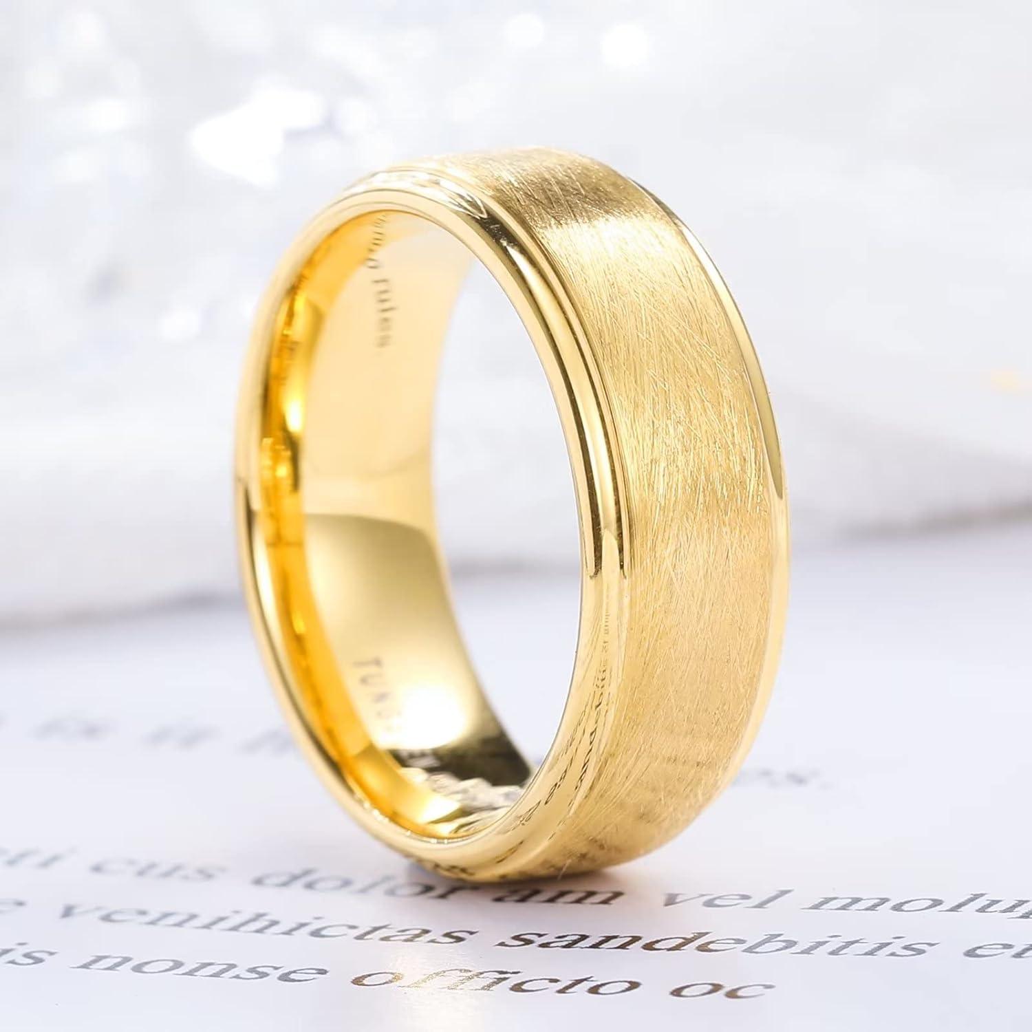 imageKing Will Classic 8mm Tungsten Carbide Ring BlackSilverGold Brushed Two Grooved Center Hammered Design Mens Wedding Band for MenGold