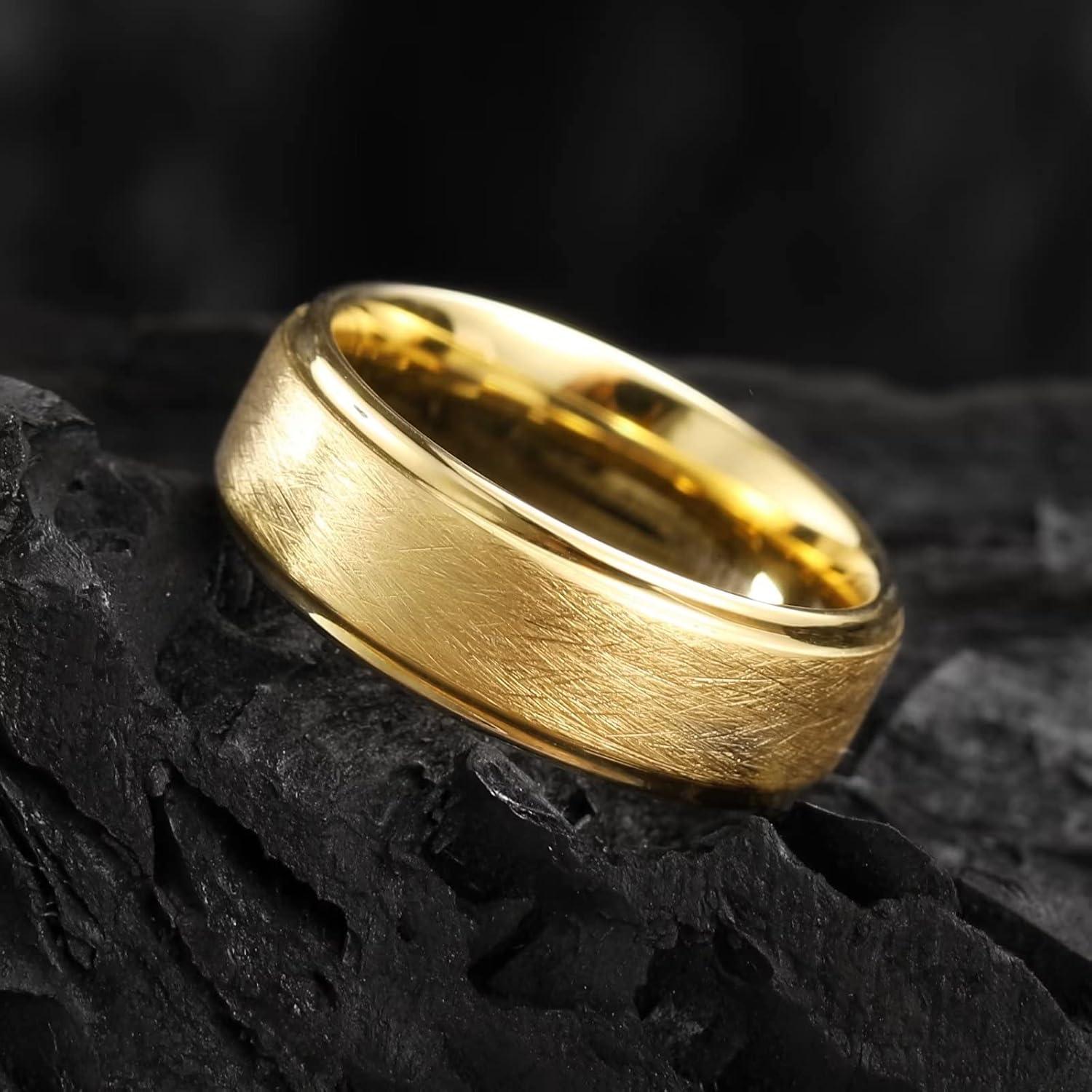 imageKing Will Classic 8mm Tungsten Carbide Ring BlackSilverGold Brushed Two Grooved Center Hammered Design Mens Wedding Band for MenGold