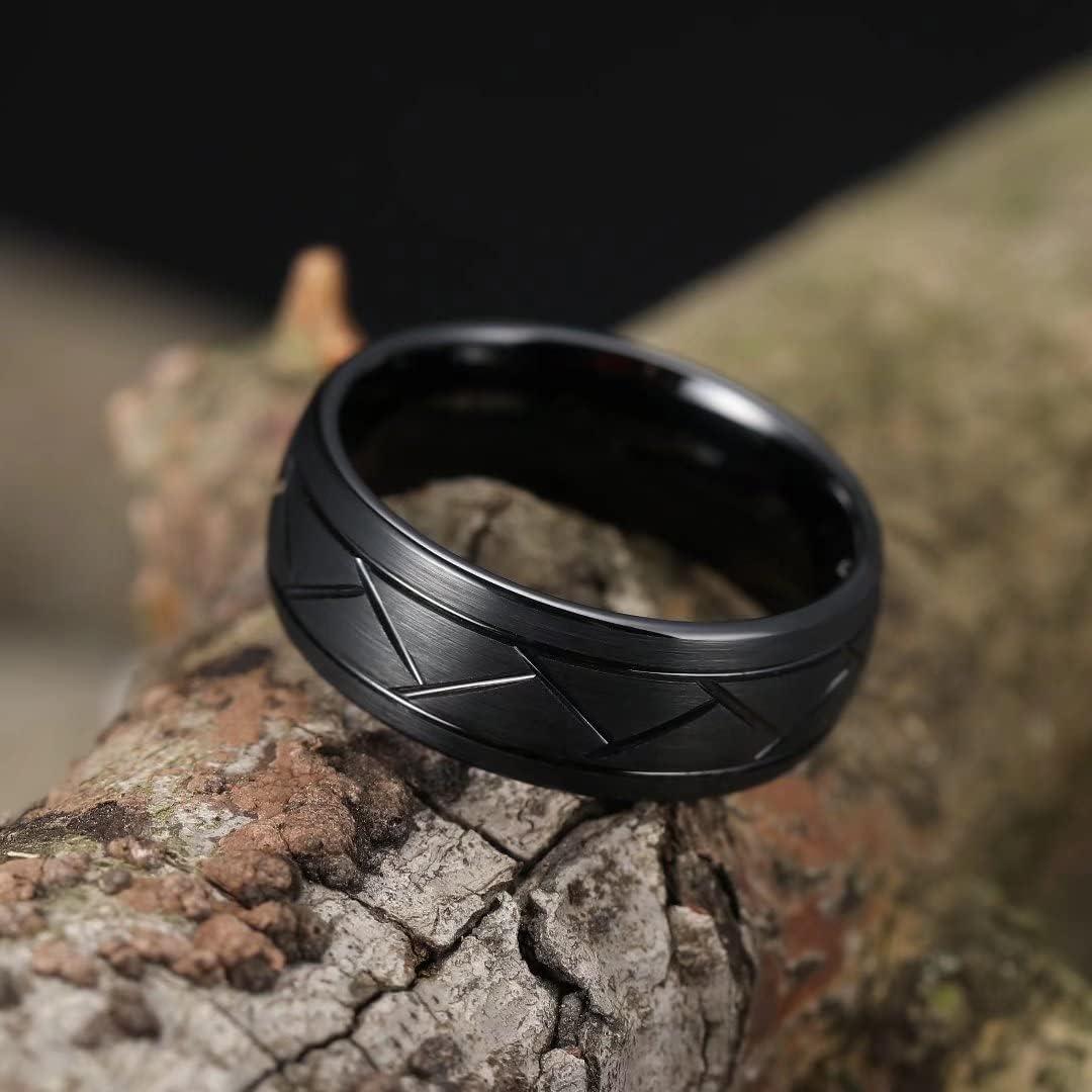 imageKing Will Classic 8mm Tungsten Carbide Ring BlackSilverGold Brushed Two Grooved Center Hammered Design Mens Wedding Band for Menbblack