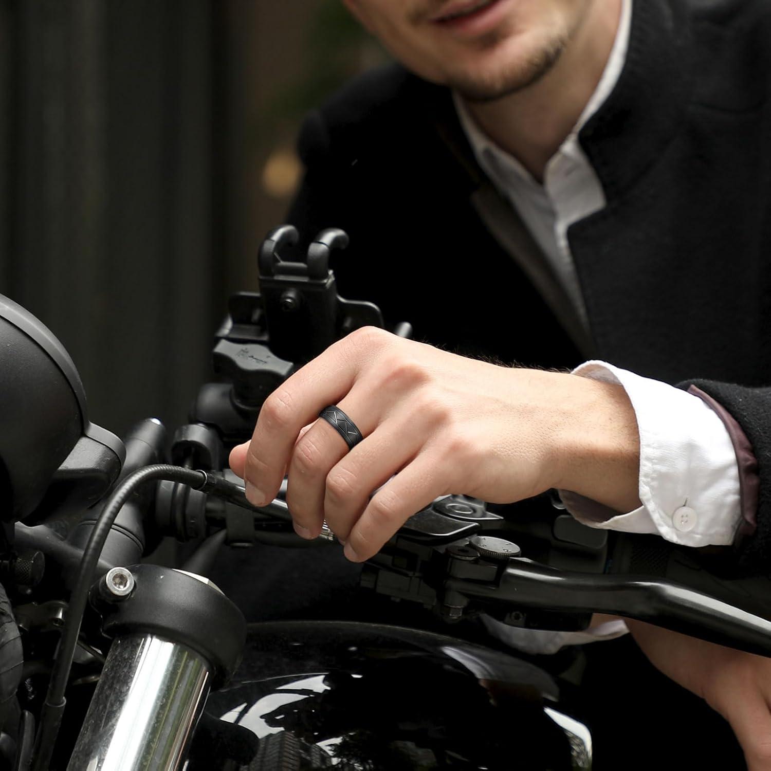 imageKing Will Classic 8mm Tungsten Carbide Ring BlackSilverGold Brushed Two Grooved Center Hammered Design Mens Wedding Band for Menbblack