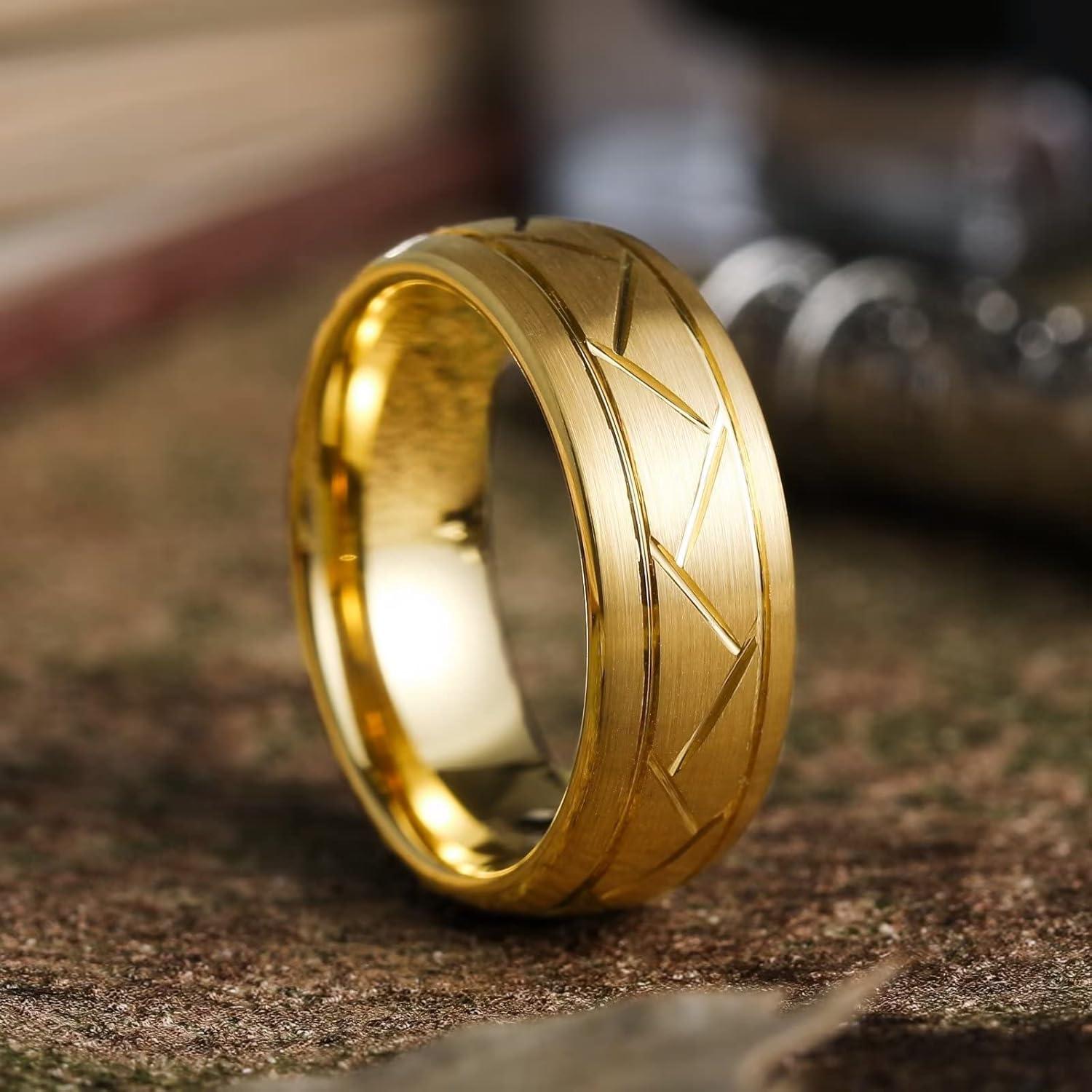 imageKing Will Classic 8mm Tungsten Carbide Ring BlackSilverGold Brushed Two Grooved Center Hammered Design Mens Wedding Band for Menbgold