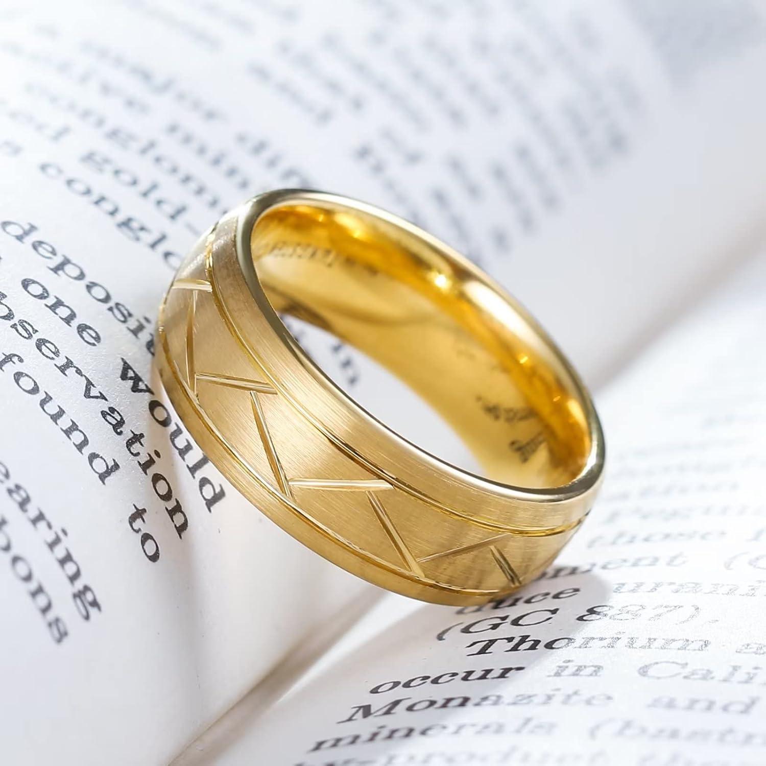 imageKing Will Classic 8mm Tungsten Carbide Ring BlackSilverGold Brushed Two Grooved Center Hammered Design Mens Wedding Band for Menbgold