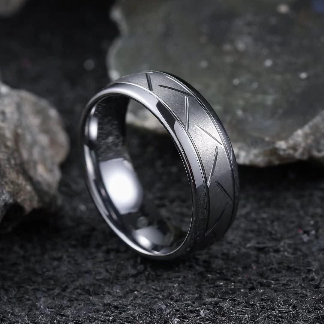 imageKing Will Classic 8mm Tungsten Carbide Ring BlackSilverGold Brushed Two Grooved Center Hammered Design Mens Wedding Band for Menbsilver