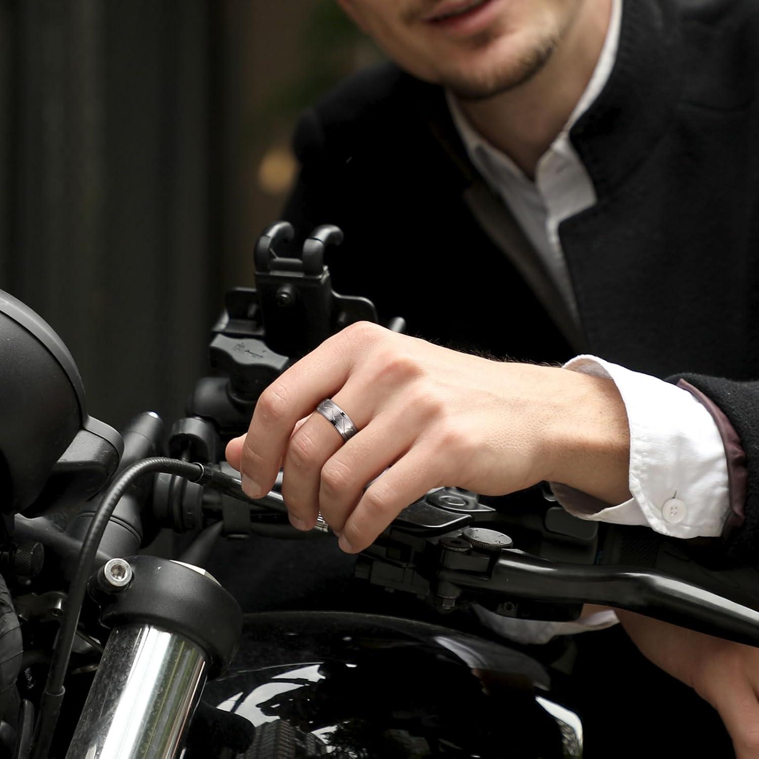 imageKing Will Classic 8mm Tungsten Carbide Ring BlackSilverGold Brushed Two Grooved Center Hammered Design Mens Wedding Band for Menbsilver