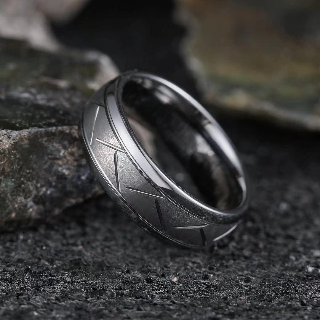imageKing Will Classic 8mm Tungsten Carbide Ring BlackSilverGold Brushed Two Grooved Center Hammered Design Mens Wedding Band for Menbsilver