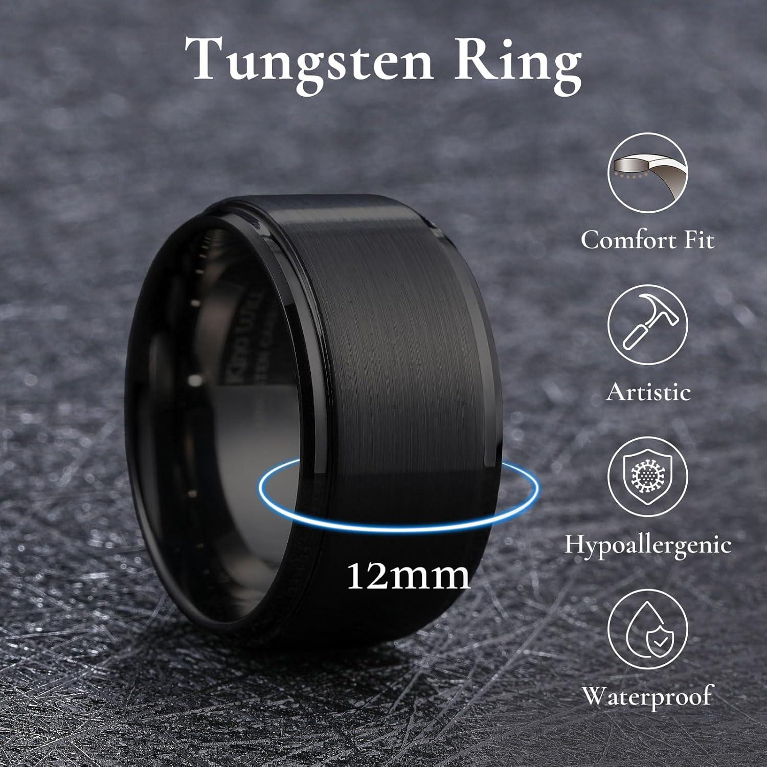 imageKing Will Classic Tungsten Wedding Band for Men 678910mm Widths Polished Finish Step Edge Matte Rings Comfort FitBBlack 12mm