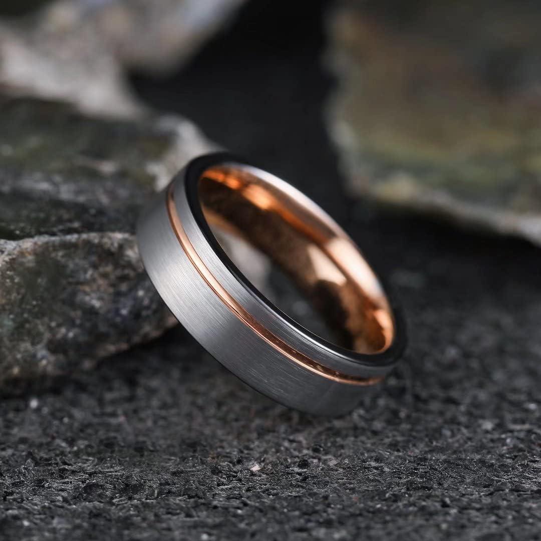 imageKing Will Mens Tungsten Carbide Wedding Band with Groove Design 678mm Width BrushedPolished Finish Mens Rings Comfort FitRose Gold7mm
