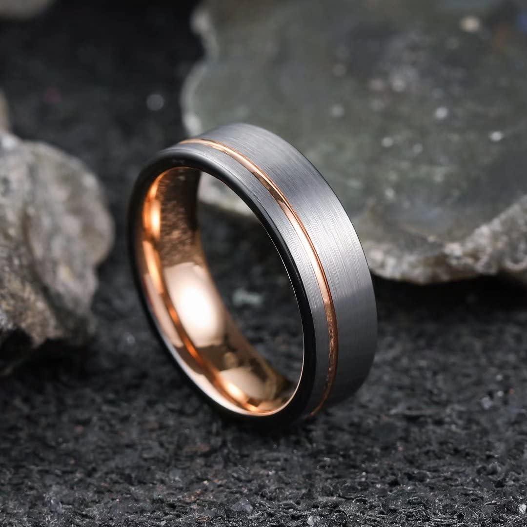 imageKing Will Mens Tungsten Carbide Wedding Band with Groove Design 678mm Width BrushedPolished Finish Mens Rings Comfort FitRose Gold7mm