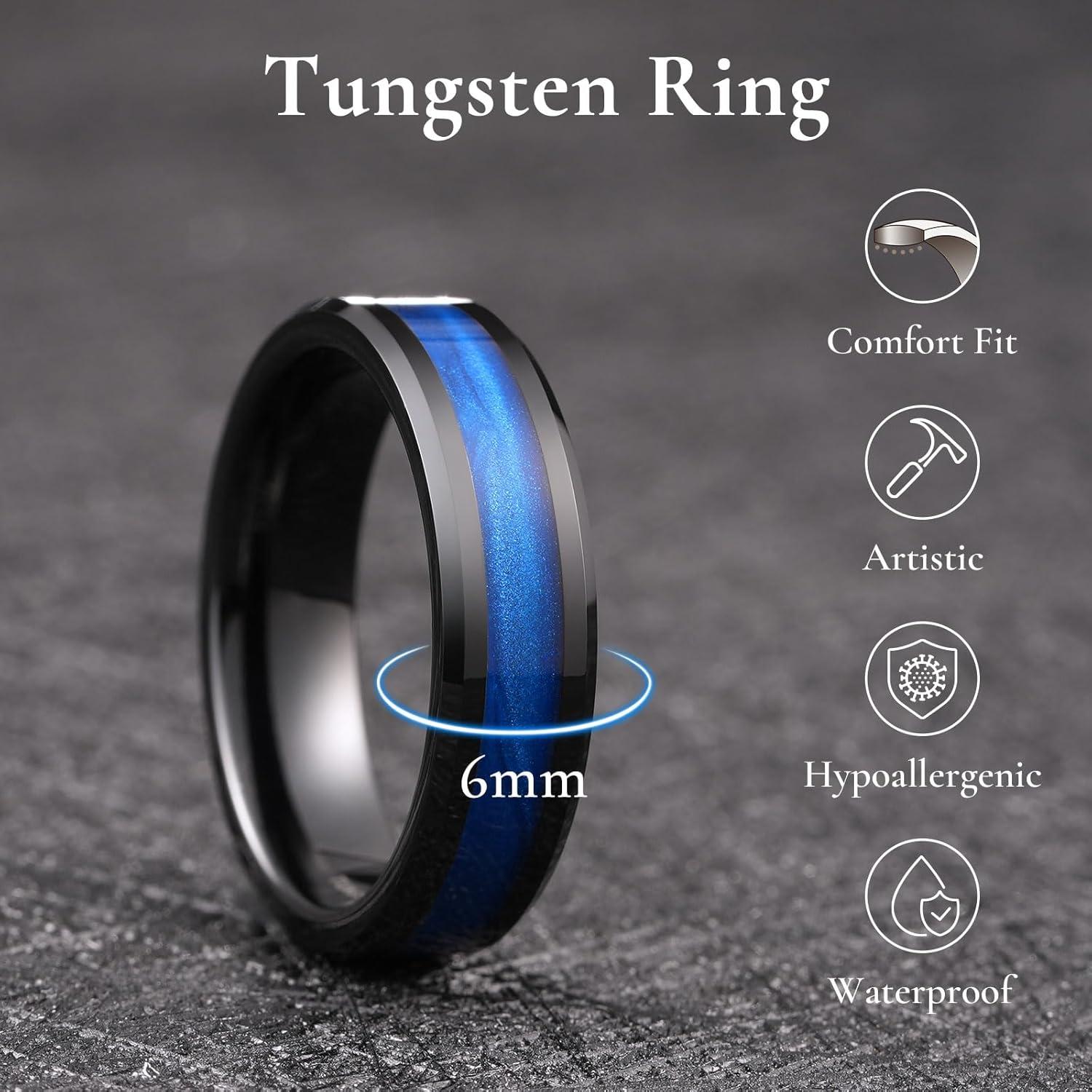 imageKing Will Mens Tungsten Wedding Band 6mm8mm Galaxy Style Sandstone Opal Inlay Polished Beveled Edge Unique Rings for Men Women Comfort Fit DurableBlackBlue6mm