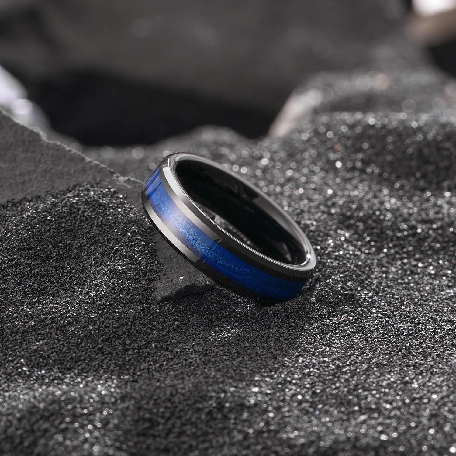 imageKing Will Mens Tungsten Wedding Band 6mm8mm Galaxy Style Sandstone Opal Inlay Polished Beveled Edge Unique Rings for Men Women Comfort Fit DurableBlackBlue6mm