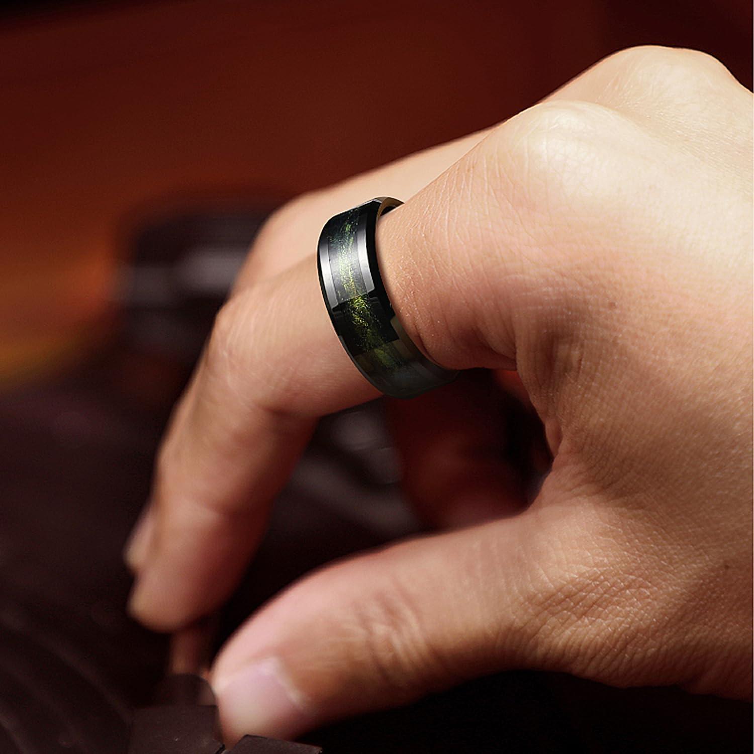 imageKing Will Mens Tungsten Wedding Band 6mm8mm Galaxy Style Sandstone Opal Inlay Polished Beveled Edge Unique Rings for Men Women Comfort Fit DurableBlackYellowGreen