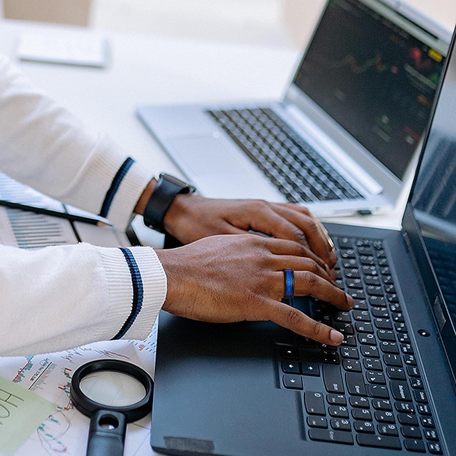 imageKing Will Mens Tungsten Wedding Band 6mm8mm Galaxy Style Sandstone Opal Inlay Polished Beveled Edge Unique Rings for Men Women Comfort Fit DurableBlackBlue8mm