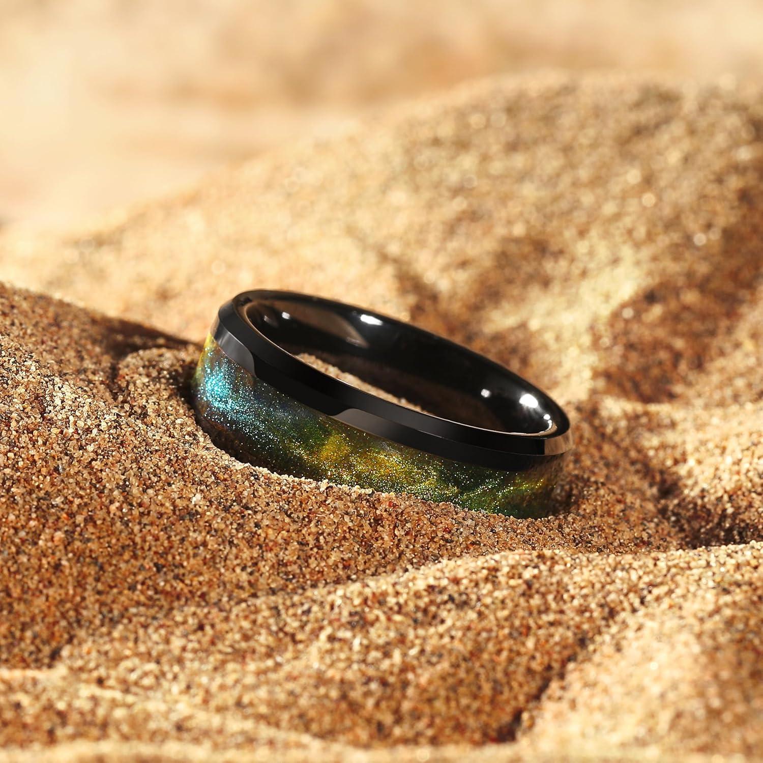 imageKing Will Mens Tungsten Wedding Band 6mm8mm Galaxy Style Sandstone Opal Inlay Polished Beveled Edge Unique Rings for Men Women Comfort Fit DurableBlackYellowGreen