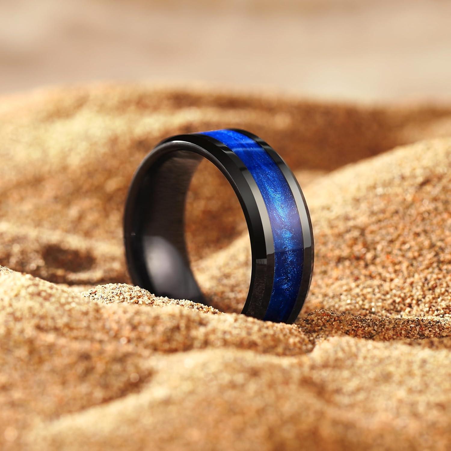 imageKing Will Mens Tungsten Wedding Band 6mm8mm Galaxy Style Sandstone Opal Inlay Polished Beveled Edge Unique Rings for Men Women Comfort Fit DurableBlackBlue8mm